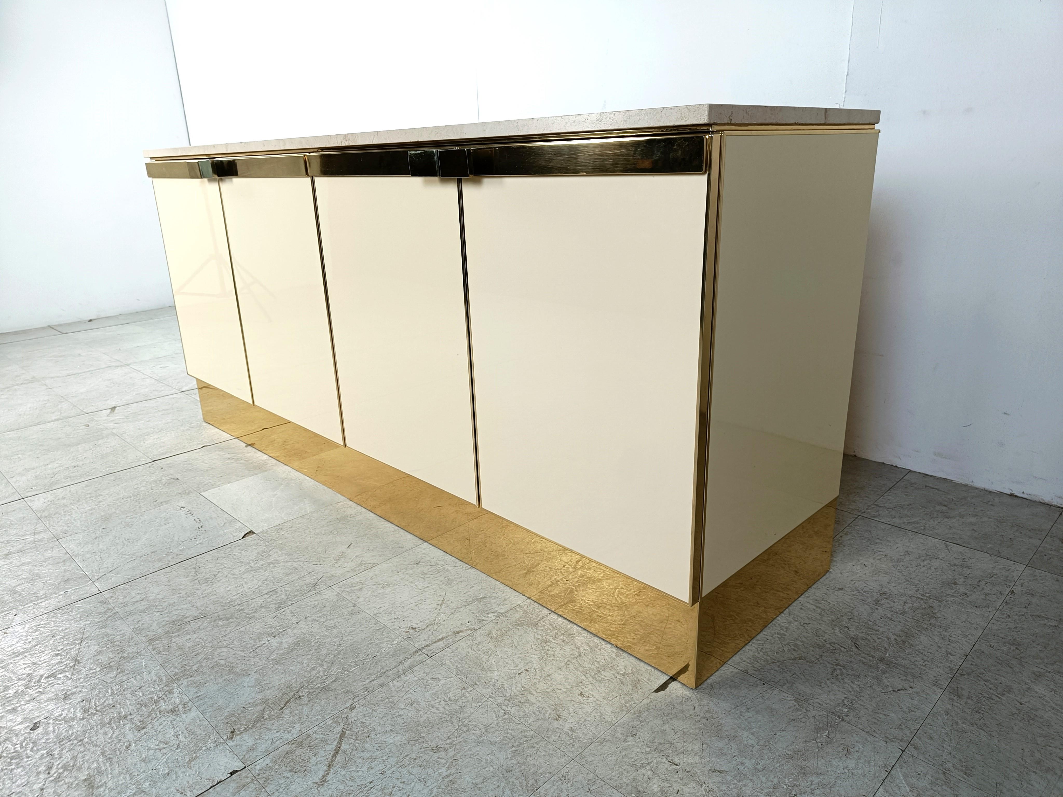 French Vintage lacquered and brass credenza, 1980s For Sale