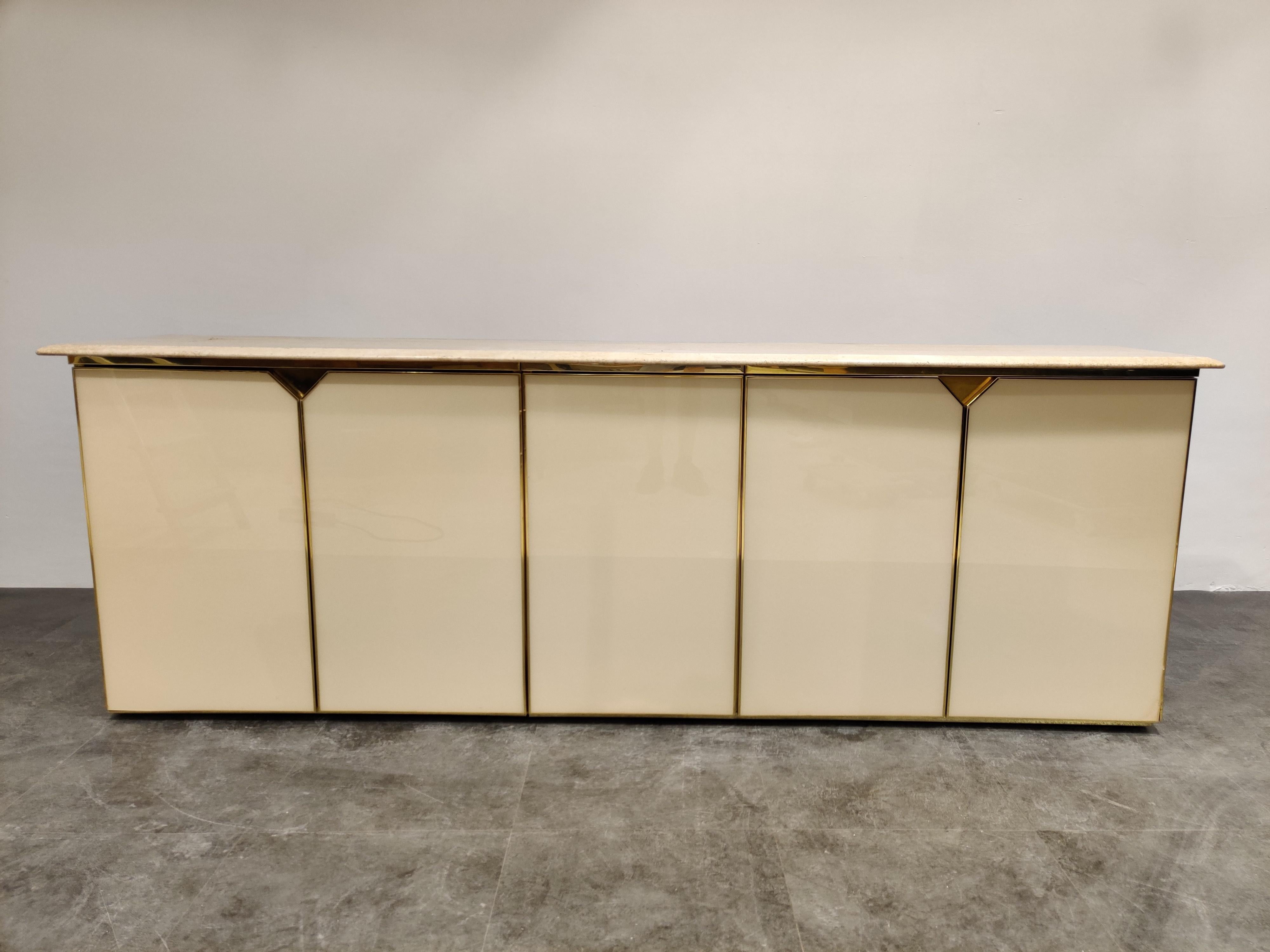 Hollywood Regency Vintage Lacquered and Travertine Credenza, 1970s