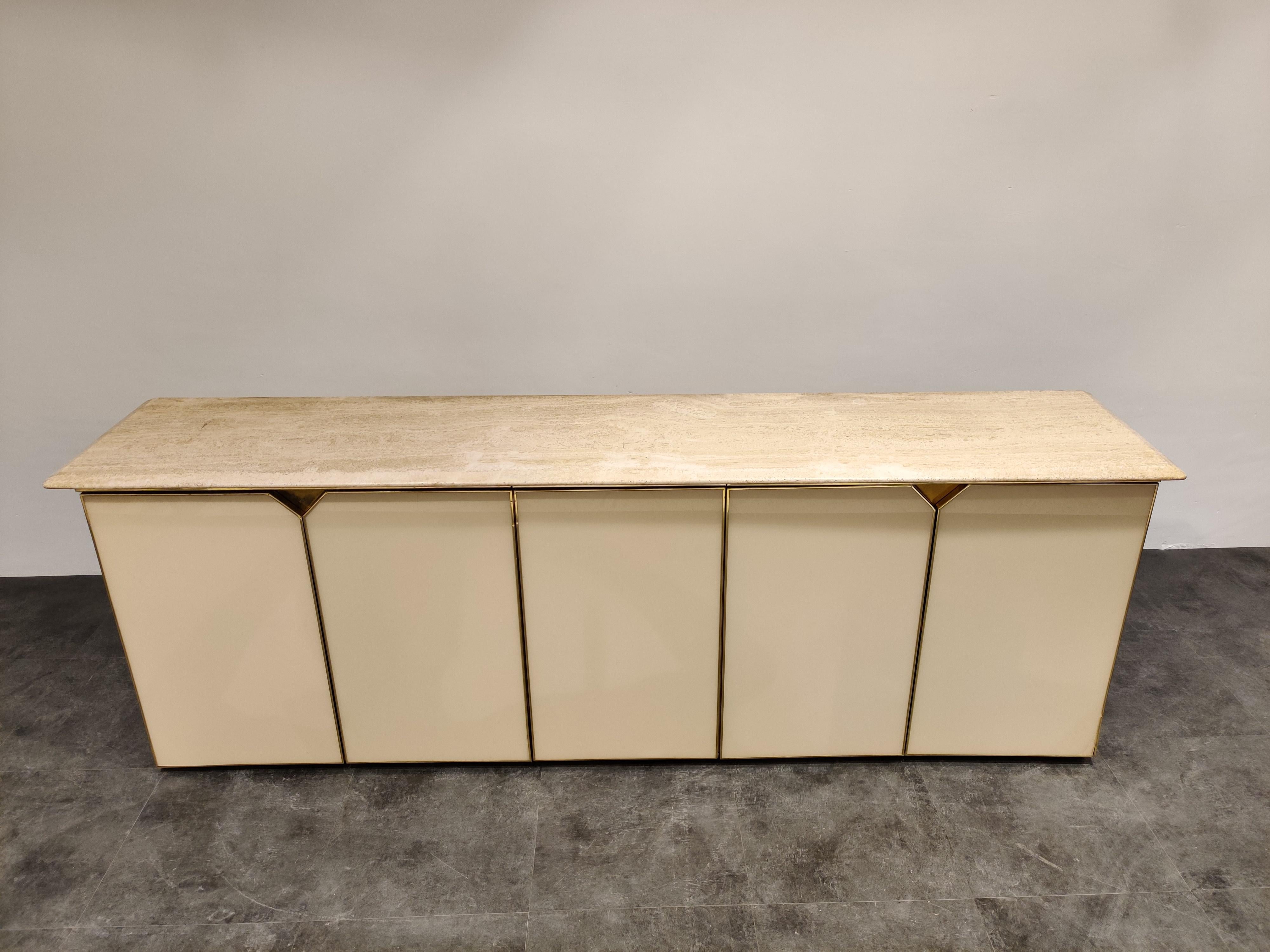 Belgian Vintage Lacquered and Travertine Credenza, 1970s