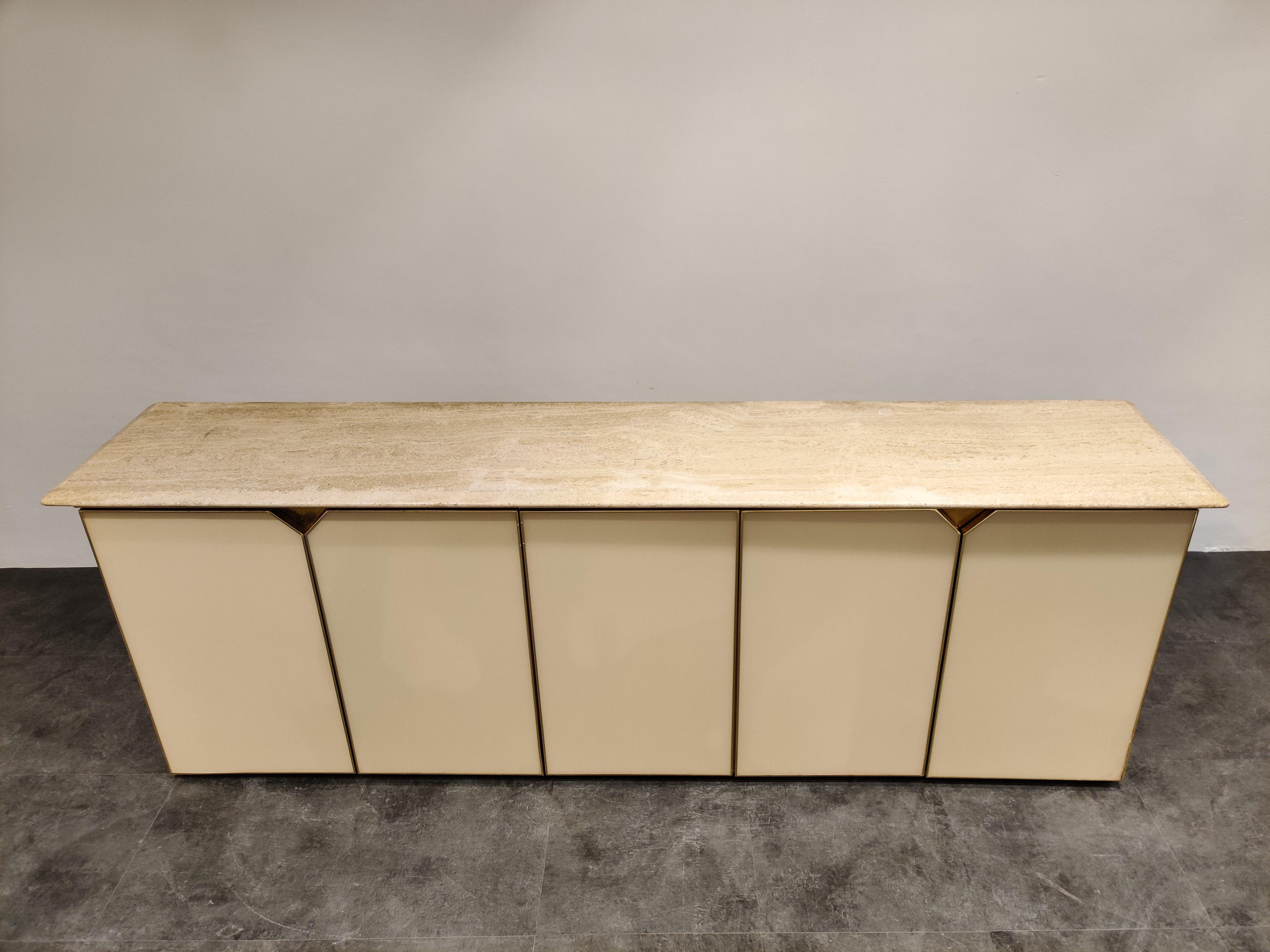 Brass Vintage Lacquered and Travertine Credenza, 1970s