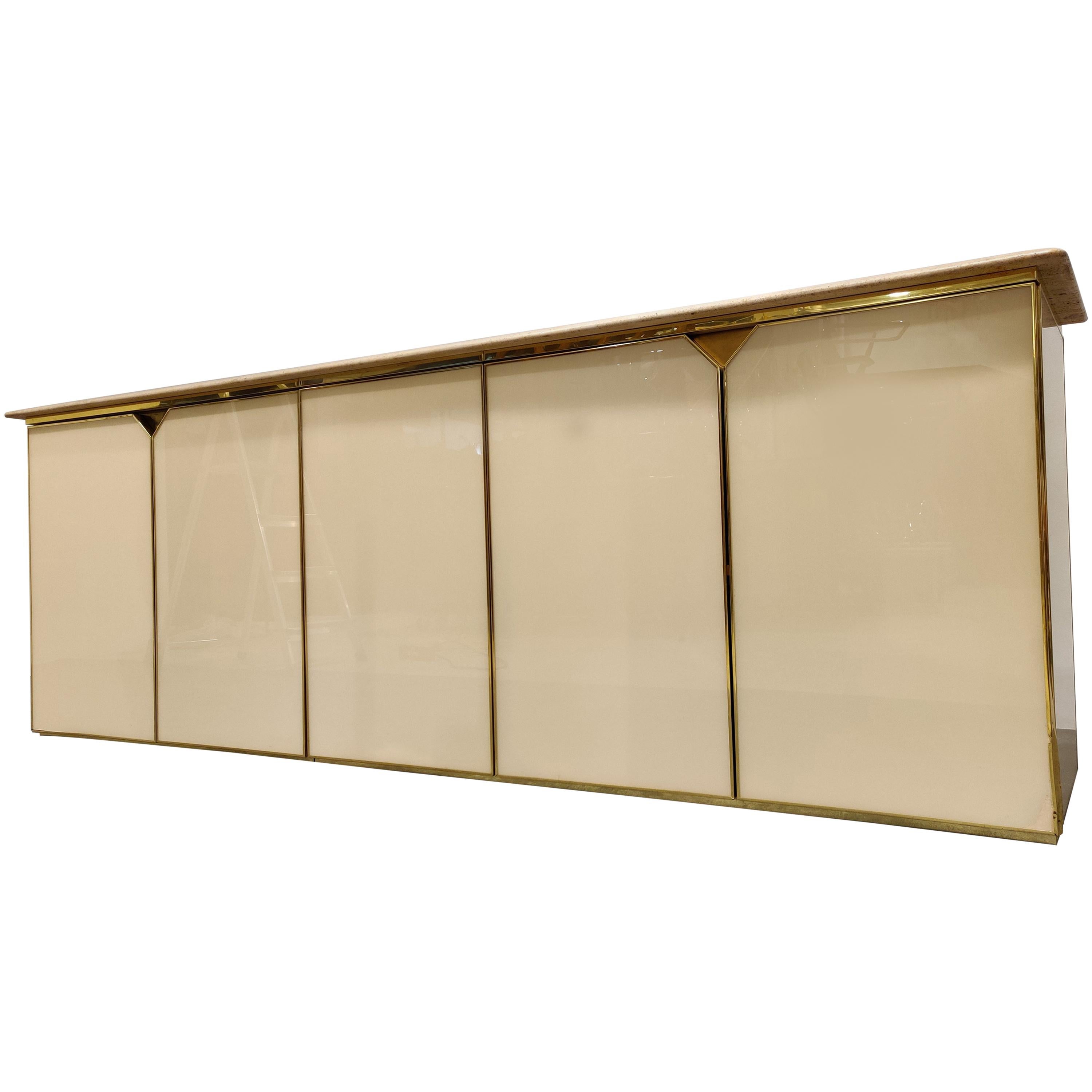 Vintage Lacquered and Travertine Credenza, 1970s
