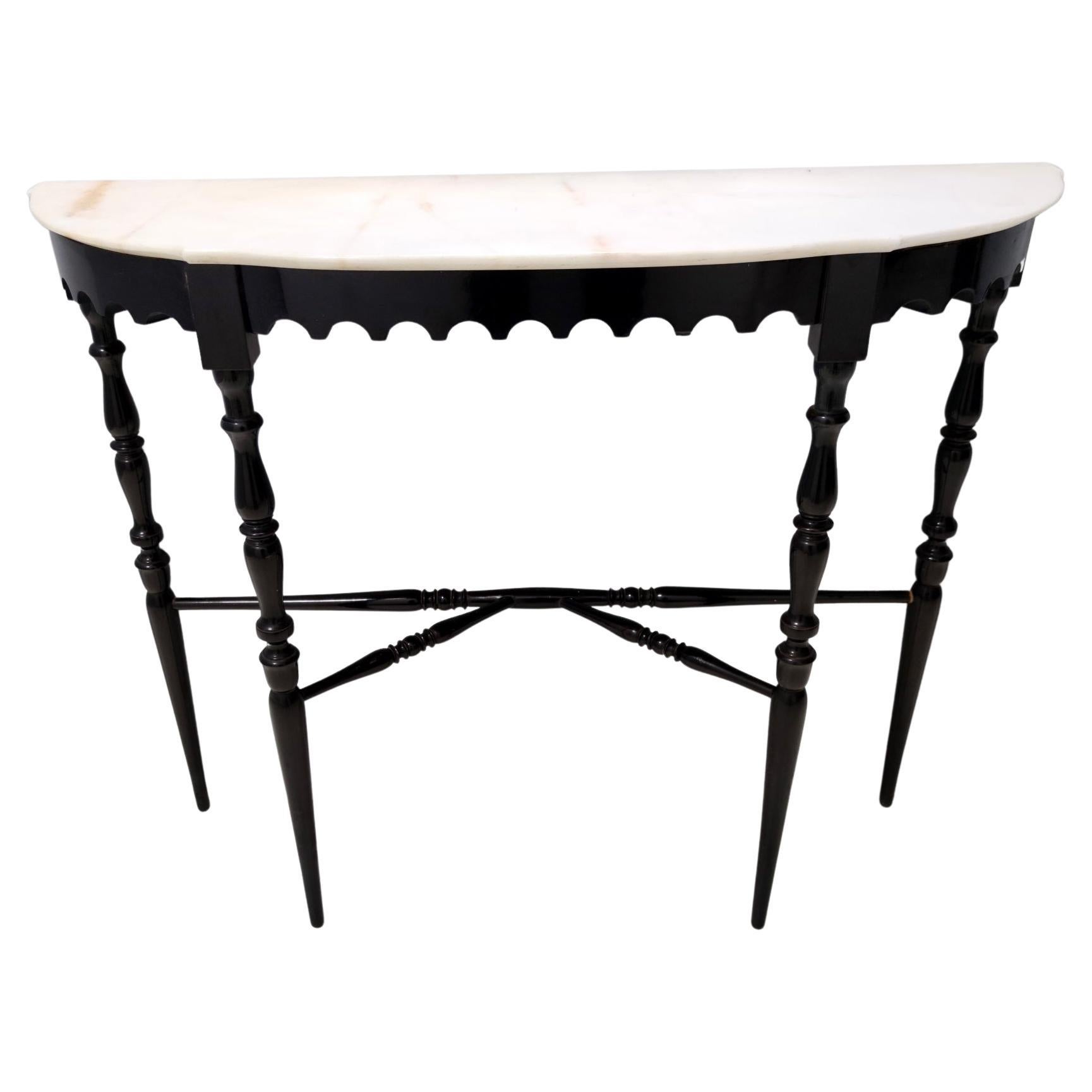 Vintage Lacquered Beech Console with Demilune Portuguese Pink Marble Top, Italy