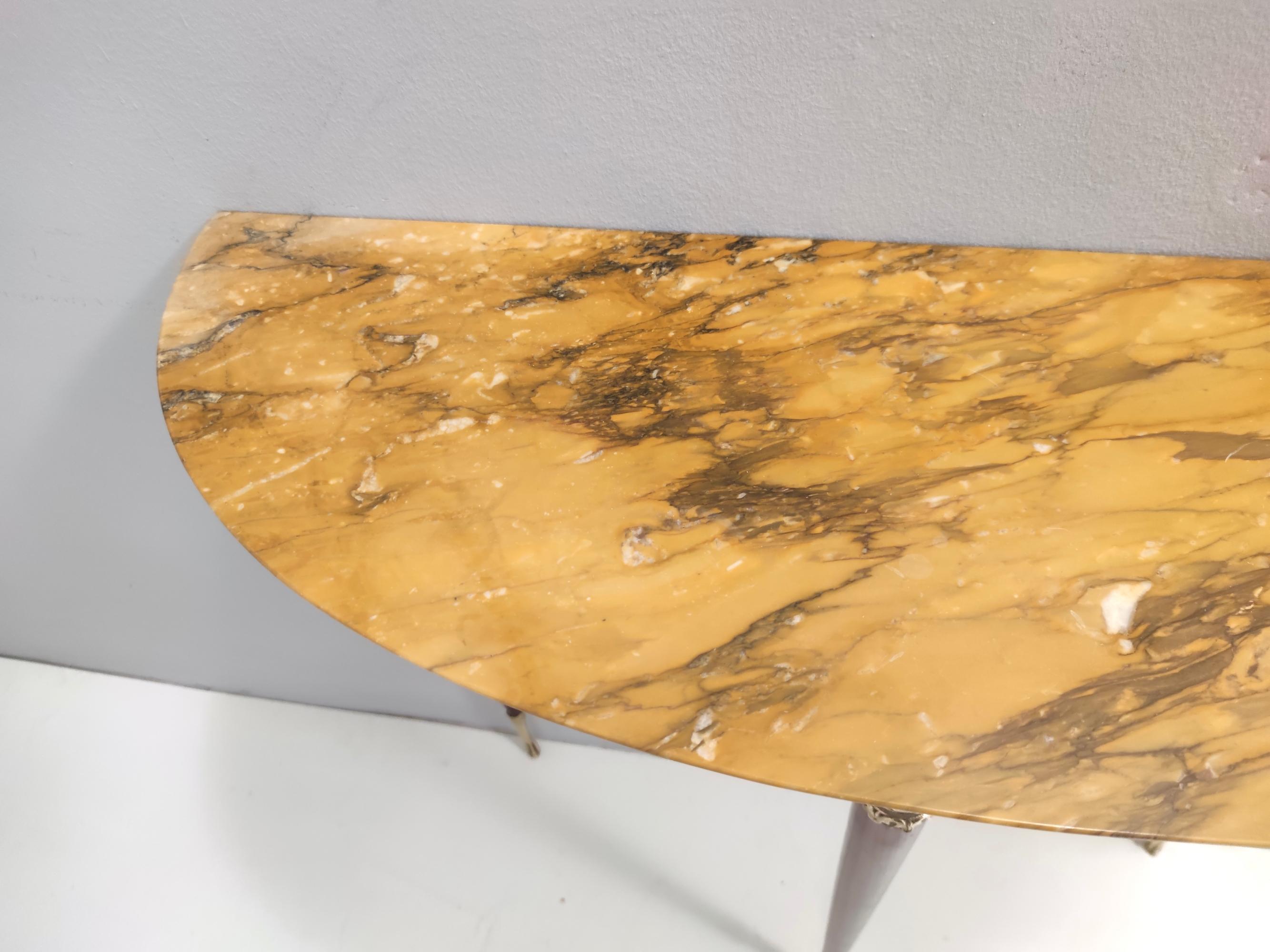 Brass Vintage Lacquered Beech Console with Demilune Yellow Siena Marble Top, Italy For Sale