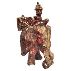 Sculpture laquée vintage, éléphant et cavalier, de Birmanie, début du 20e siècle