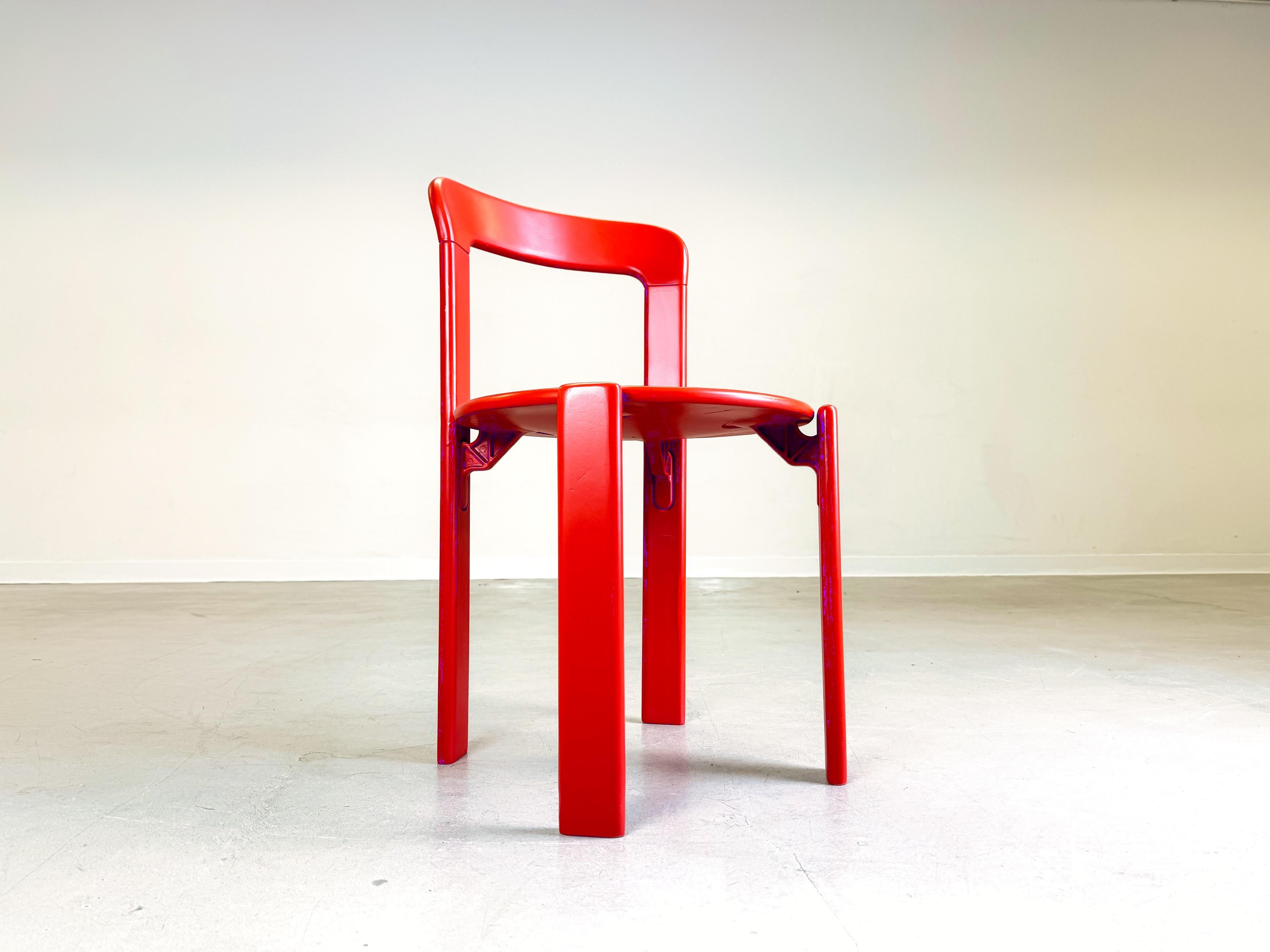 We are offering beautiful vintage chairs by Bruno Rey for Kusch & Co from the 1970s for sale. The chairs are available in both red (lacquered or varnished) and green (varnished). The model is now considered a true design classic and impresses with
