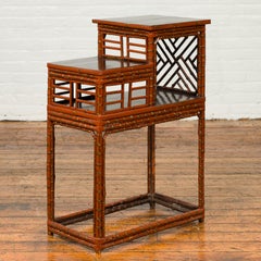 Vintage Lacquered Tiered Bamboo Lamp Table with Geometric Motifs