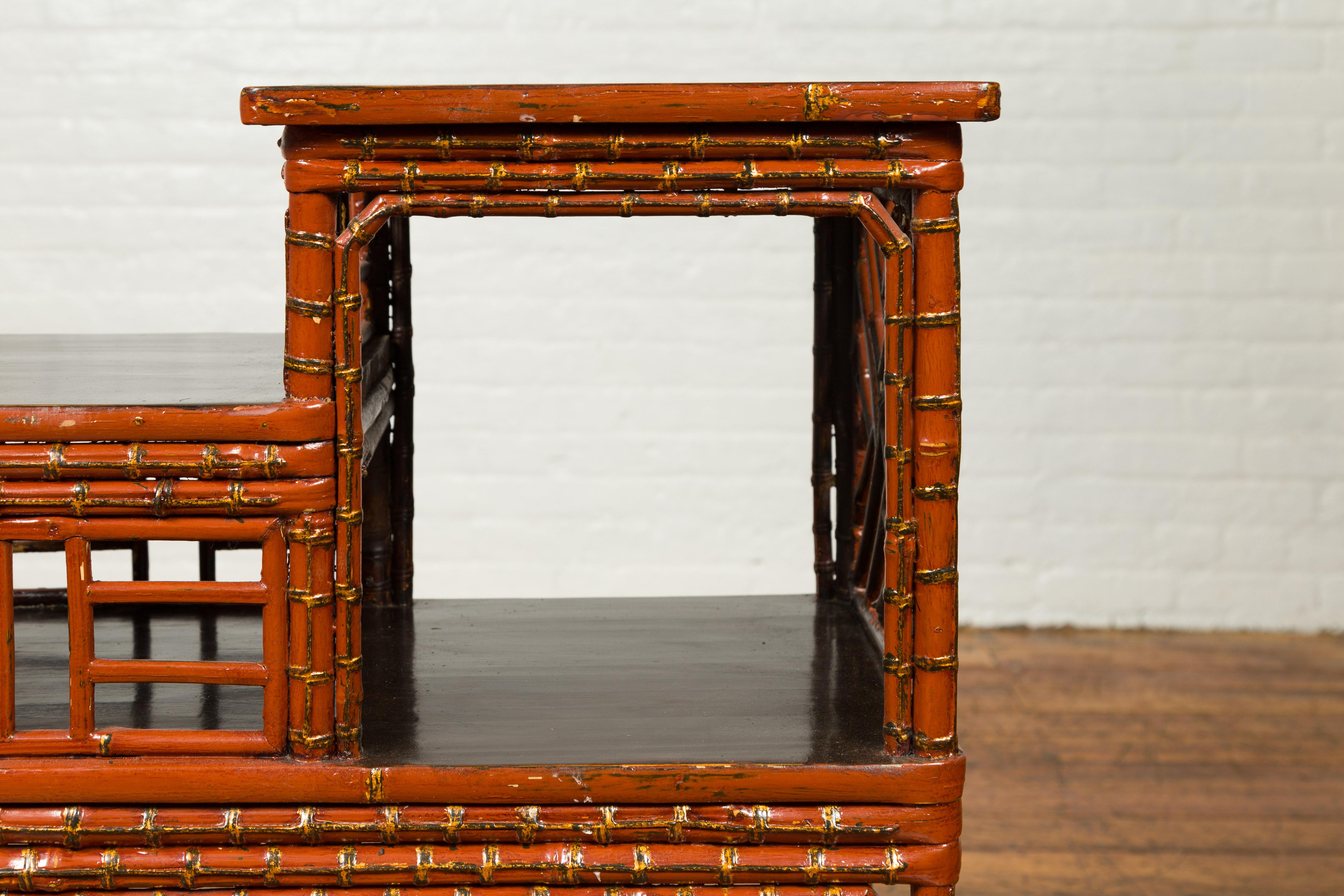 Vintage Lacquered Chinese Tiered Bamboo Lamp Table with Geometric Motifs For Sale 2