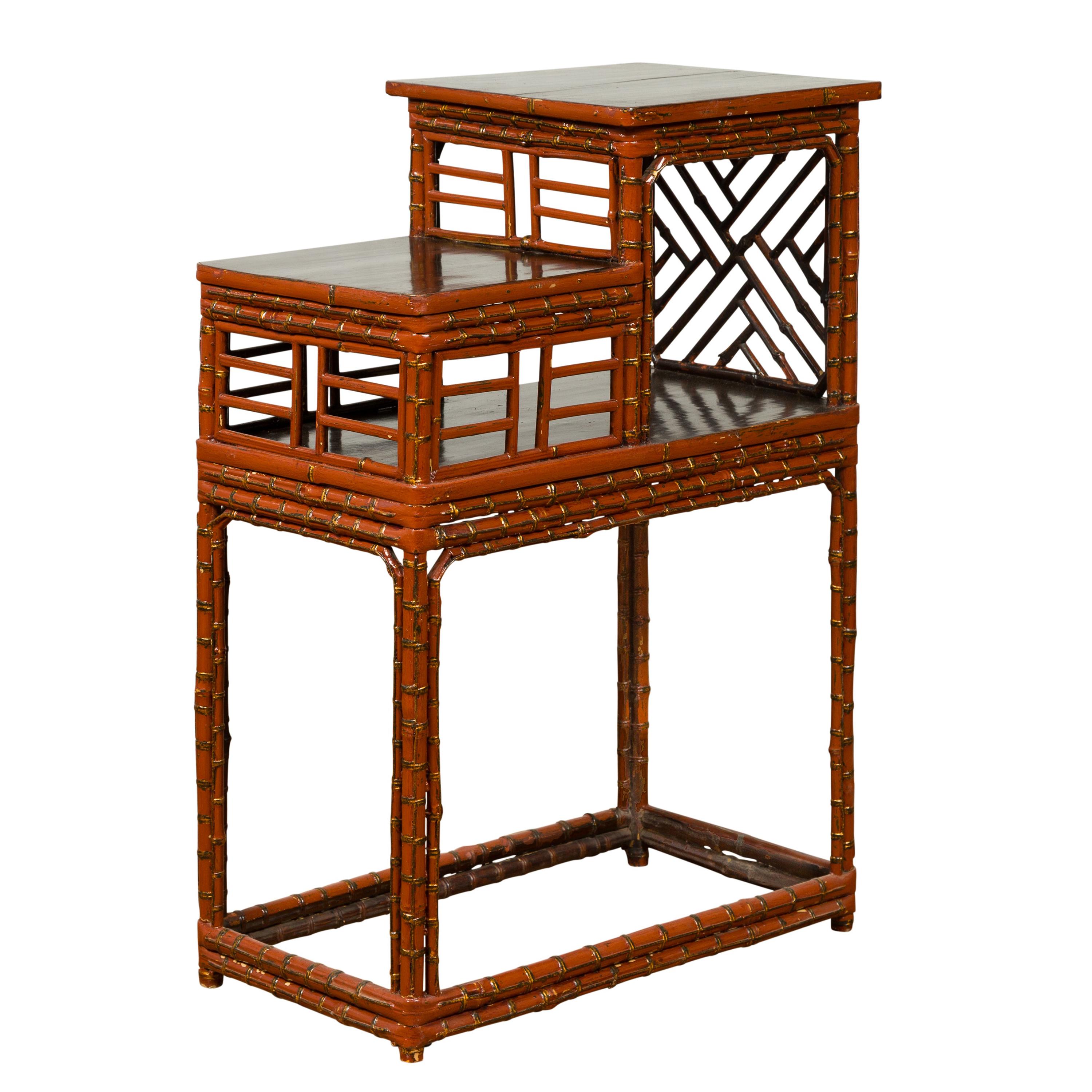 Vintage Lacquered Chinese Tiered Bamboo Lamp Table with Geometric Motifs