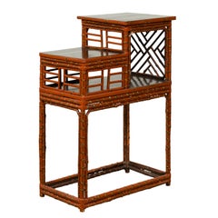 Retro Lacquered Chinese Tiered Bamboo Lamp Table with Geometric Motifs