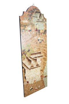 Vintage Lacquered Chinoiserie Painted Hanging Panel Pagoda Village Scene Screen