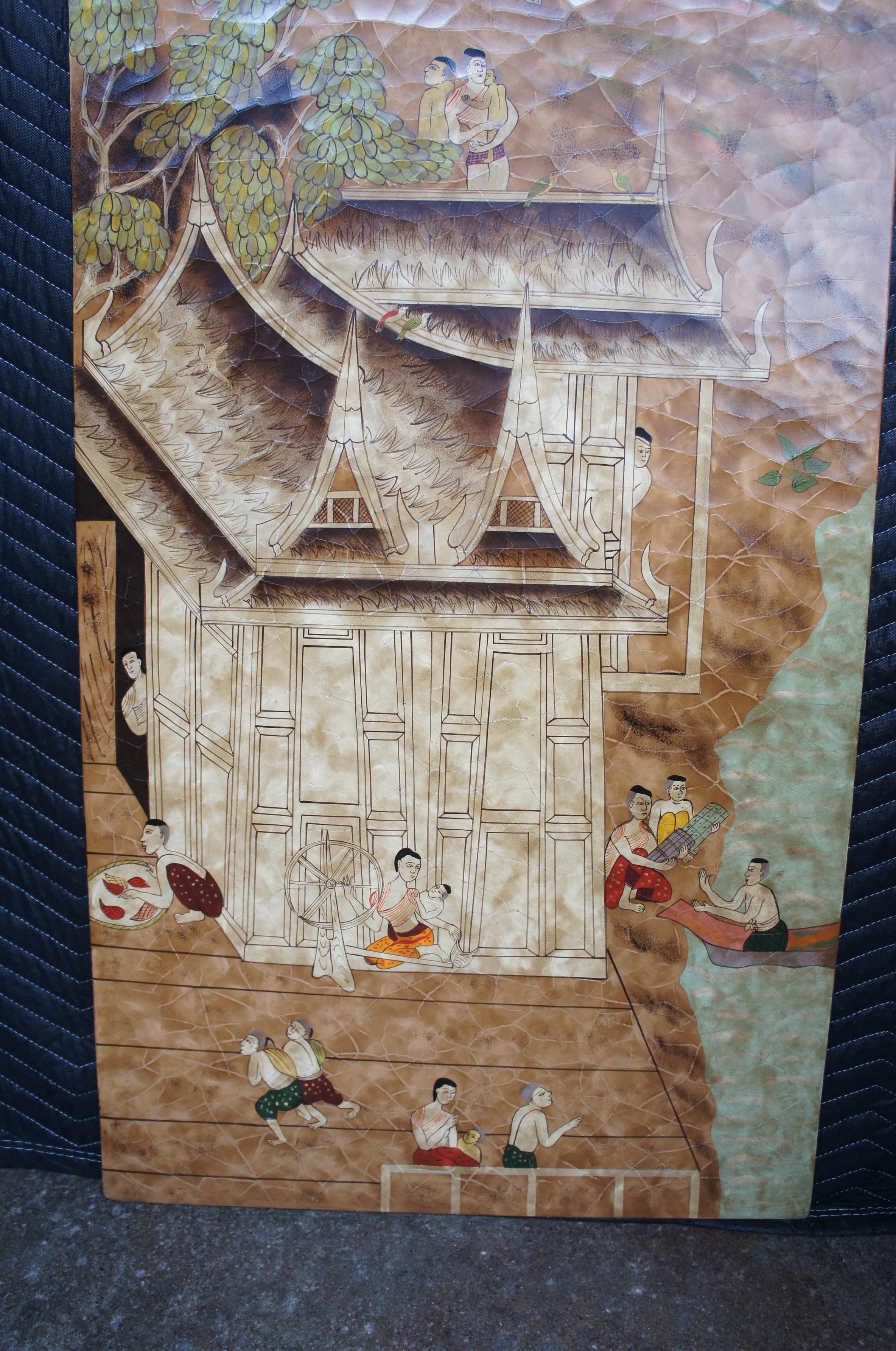 20th Century Vintage Lacquered Chinoiserie Painted Hanging Panel Pagoda Village Scene Screen For Sale
