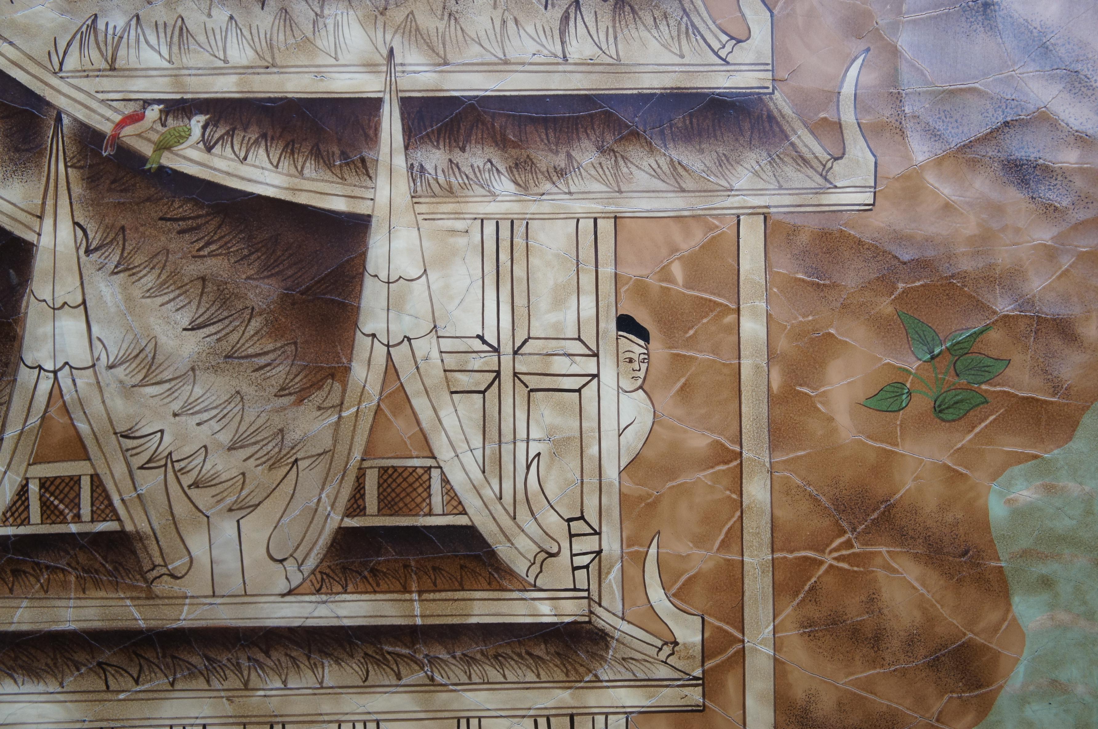 XX secolo Pannello appeso vintage laccato Chinoiserie dipinto Pagoda Village Scene Screen in vendita