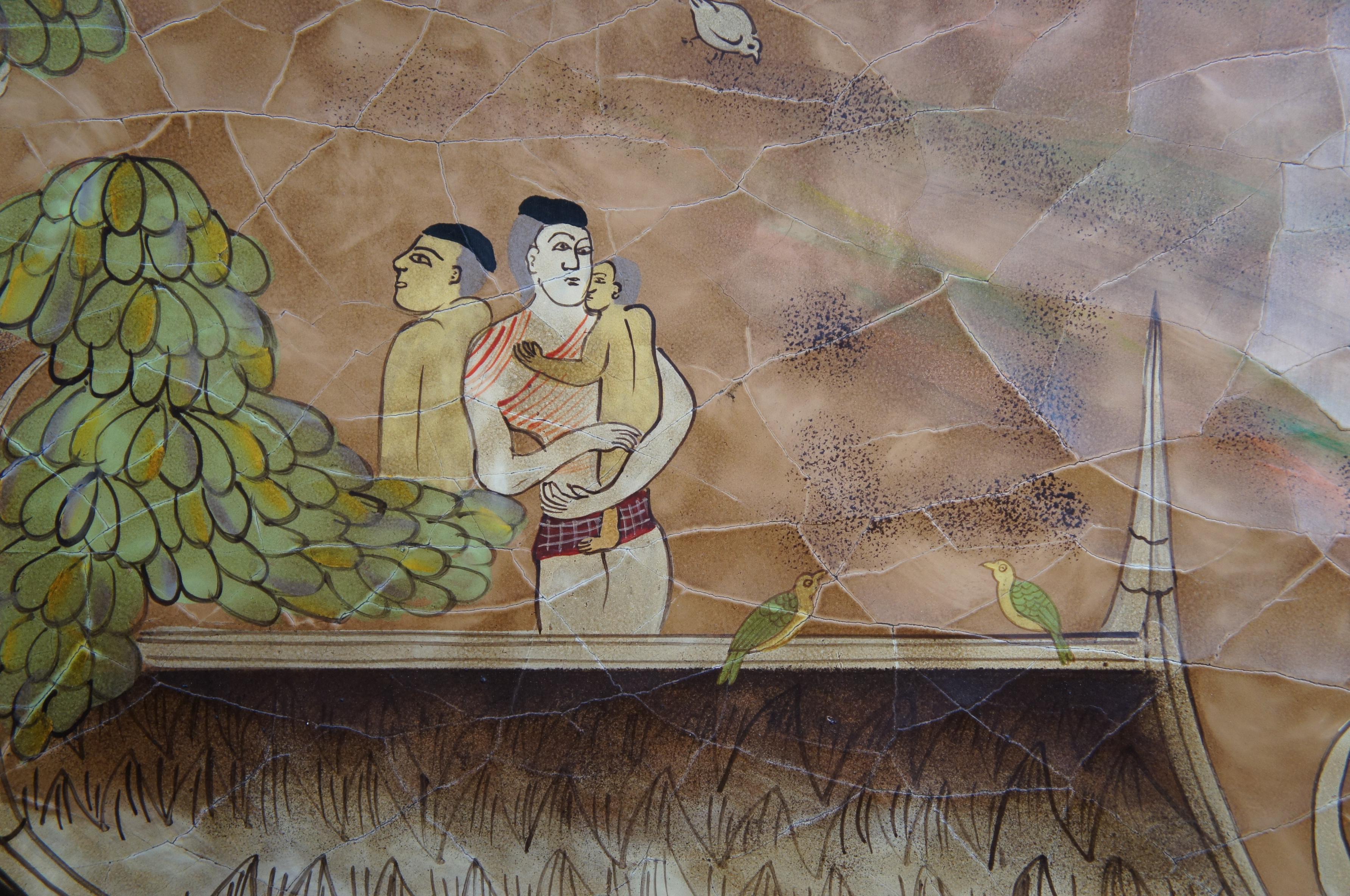 Pannello appeso vintage laccato Chinoiserie dipinto Pagoda Village Scene Screen in vendita 1