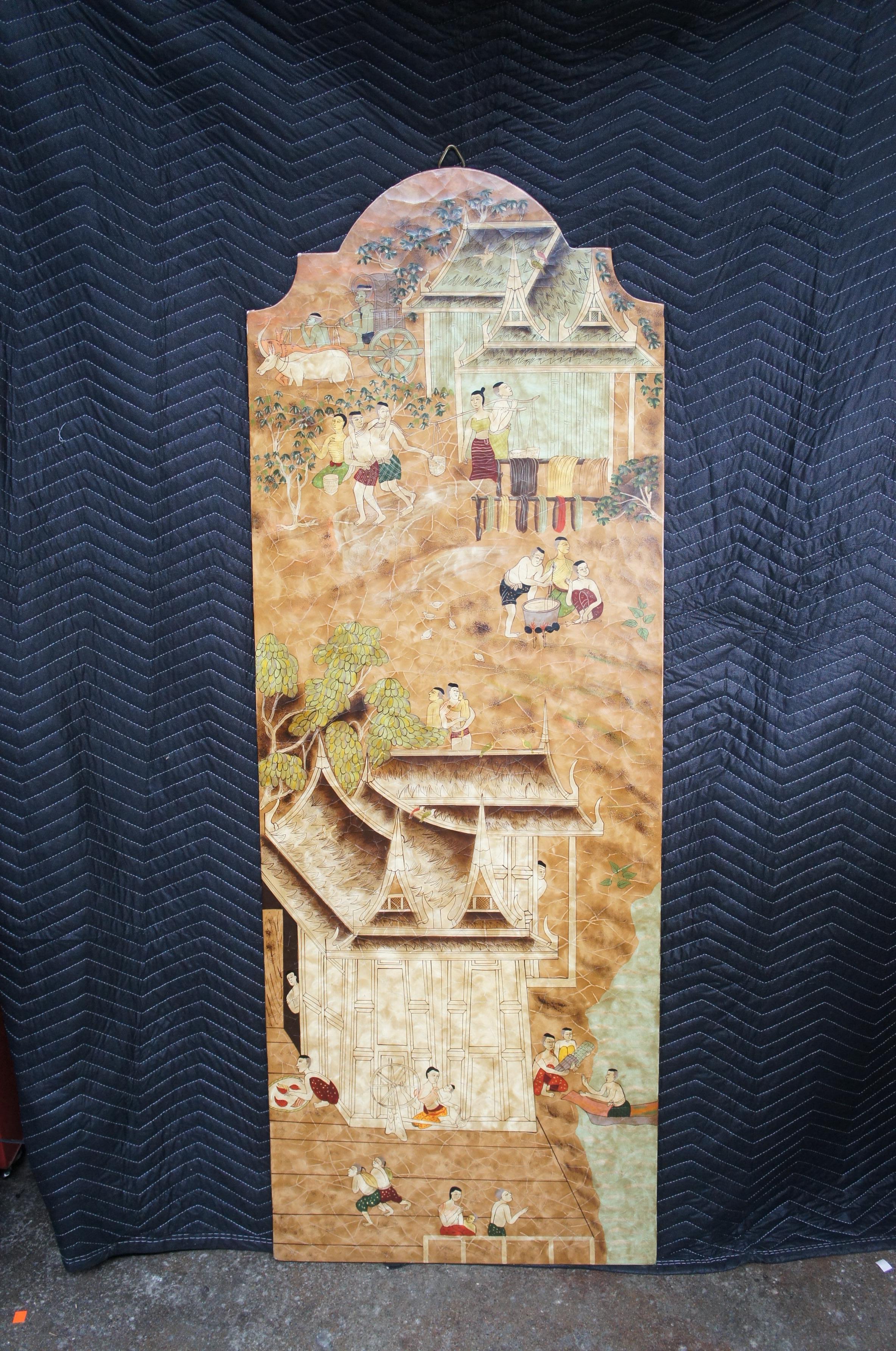 Vintage Lacquered Chinoiserie Painted Hanging Panel Pagoda Village Scene Screen For Sale 5