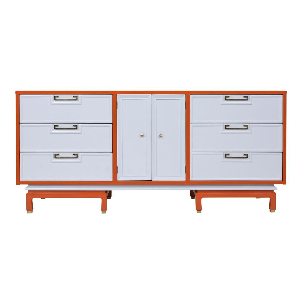 This 1960's Mid-Century Modern Chest of Drawers has been professionally restored and has been newly stained in a white and orange color combination with a lacquered finish. The dresser features six drawers with large brass drop handles, and two