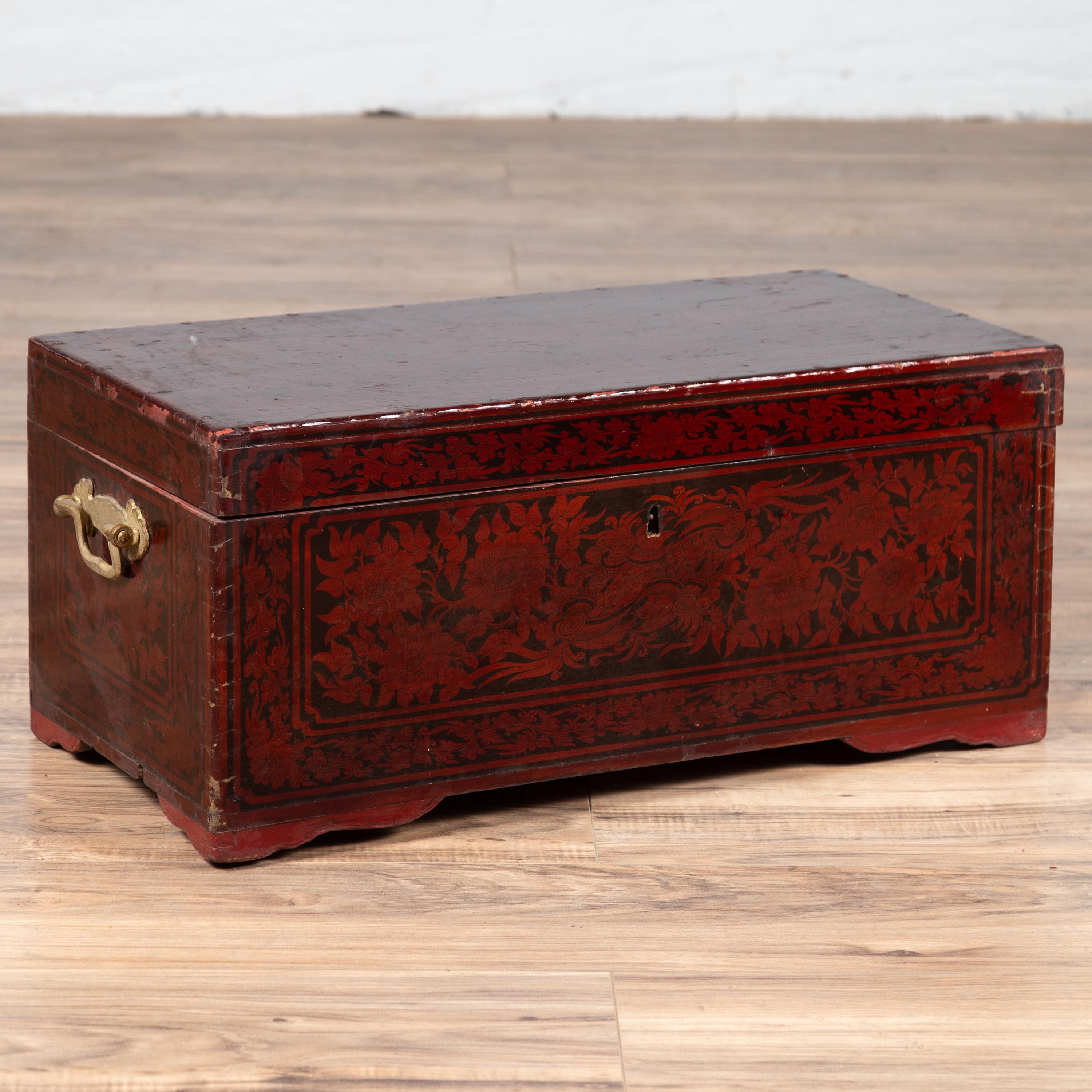 Vintage Lacquered Leather Chest with Burgundy Patina from Palembang, Sumatra 4