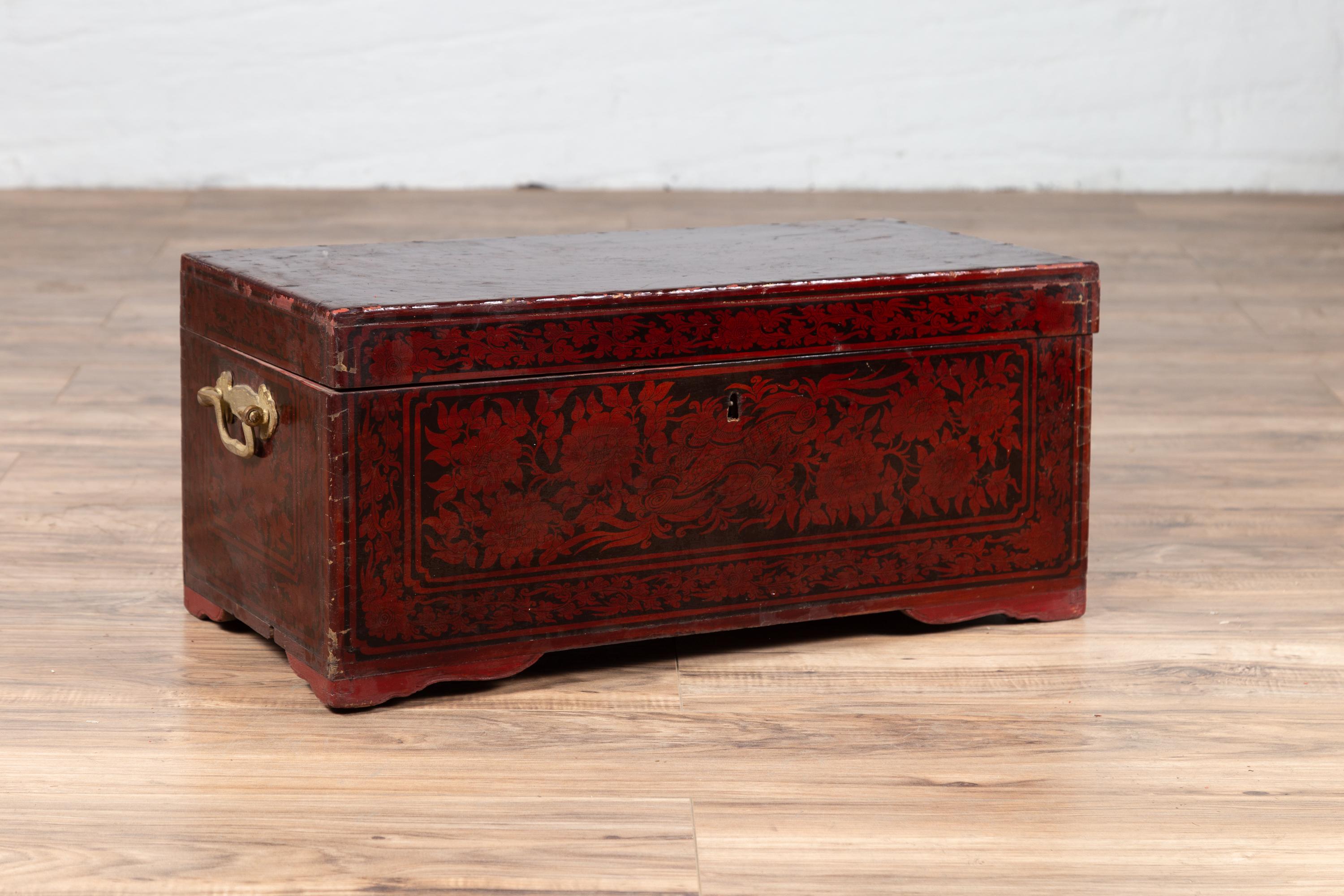 Vintage Lacquered Leather Chest with Burgundy Patina from Palembang, Sumatra 5