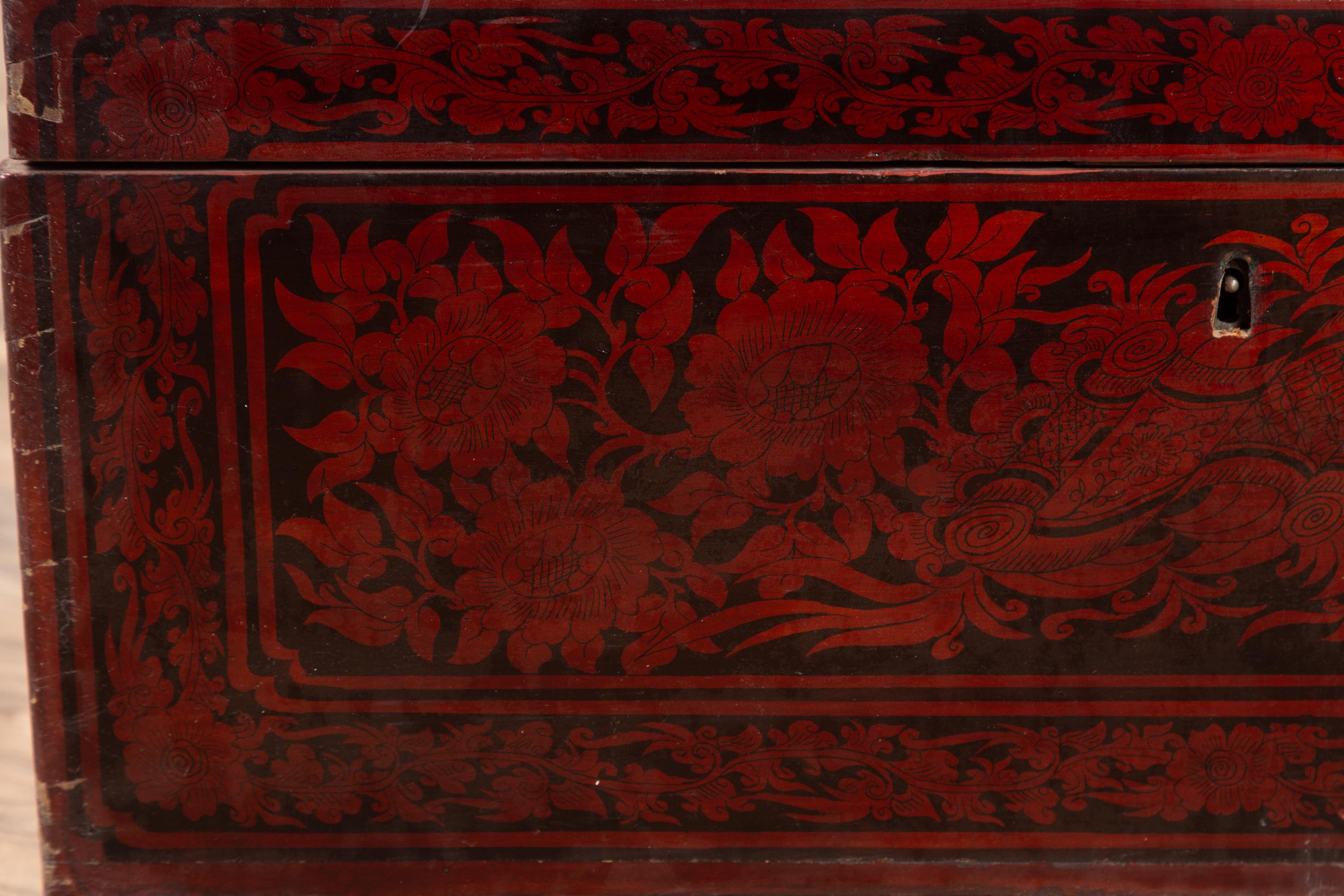 Vintage Lacquered Leather Chest with Burgundy Patina from Palembang, Sumatra 7
