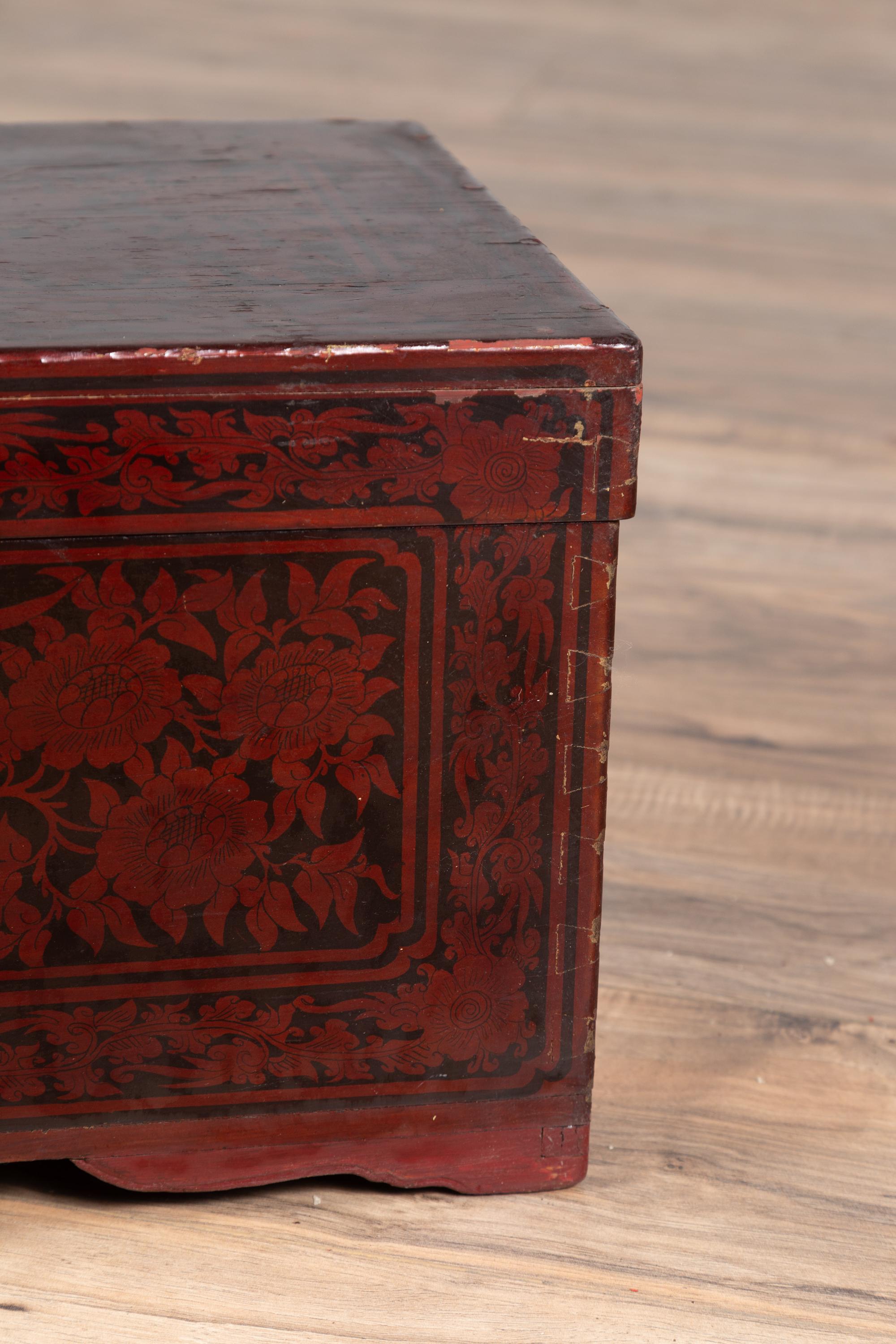 Vintage Lacquered Leather Chest with Burgundy Patina from Palembang, Sumatra 8