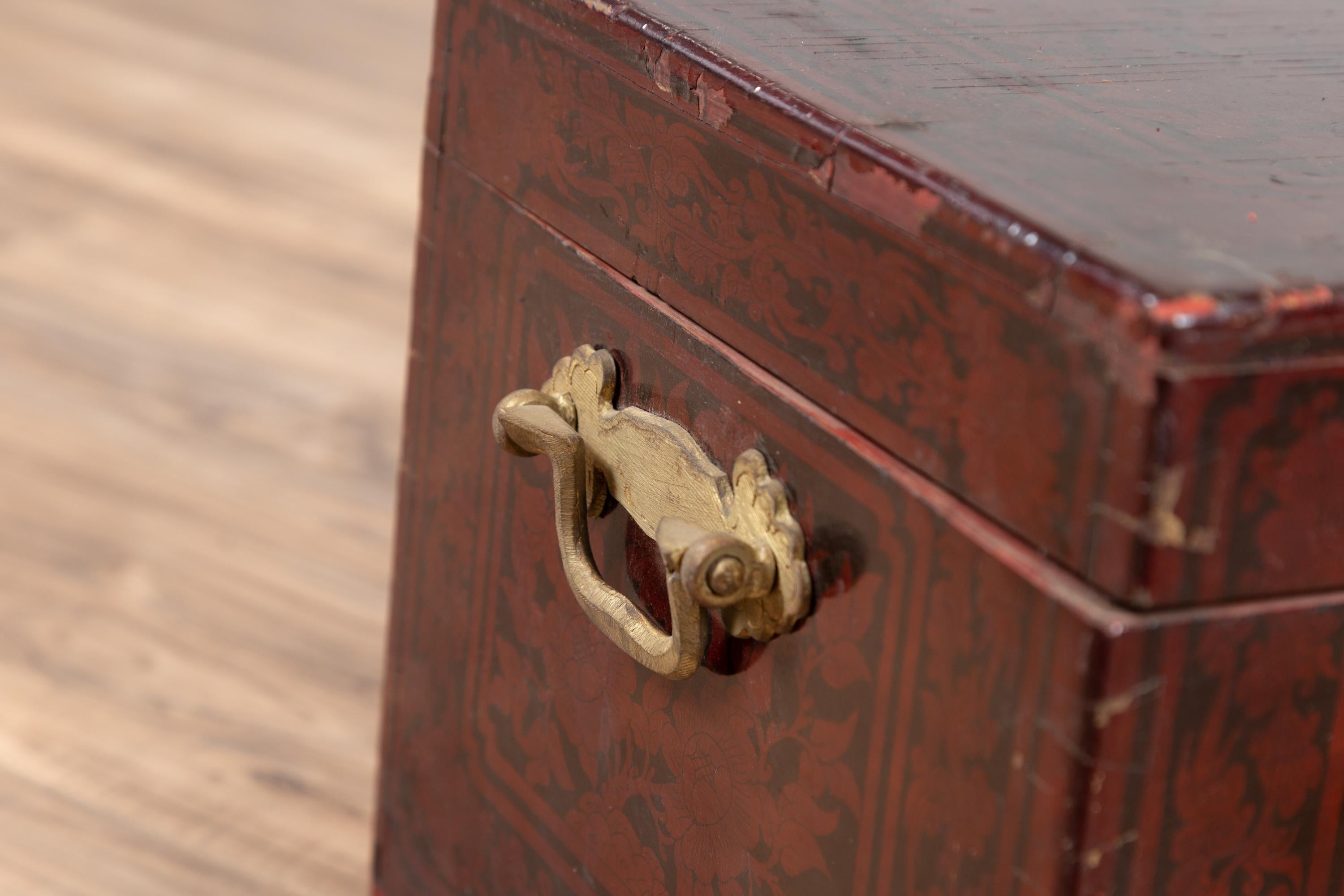Vintage Lacquered Leather Chest with Burgundy Patina from Palembang, Sumatra 9