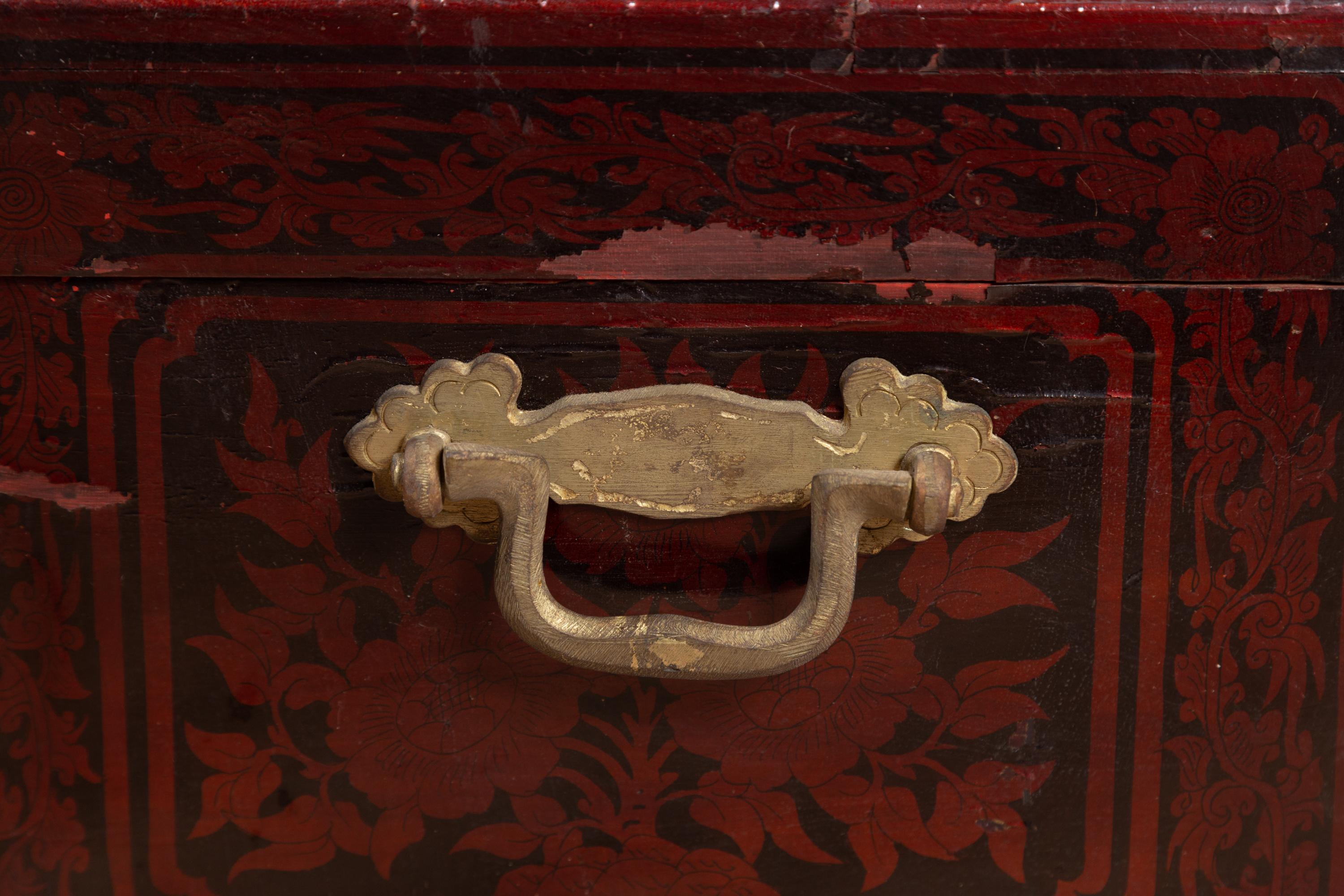 Vintage Lacquered Leather Chest with Burgundy Patina from Palembang, Sumatra 10