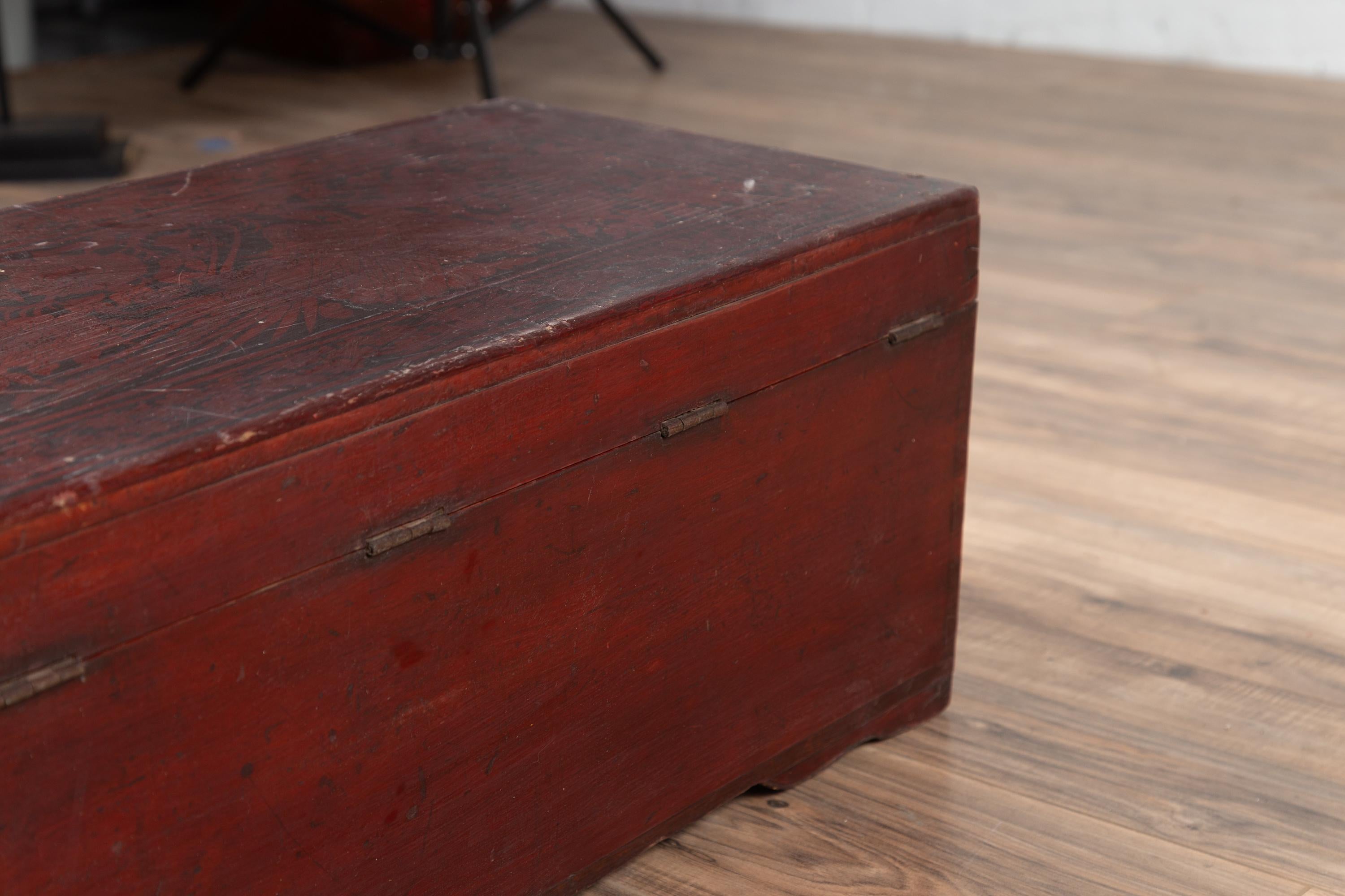 Vintage Lacquered Leather Chest with Burgundy Patina from Palembang, Sumatra 11