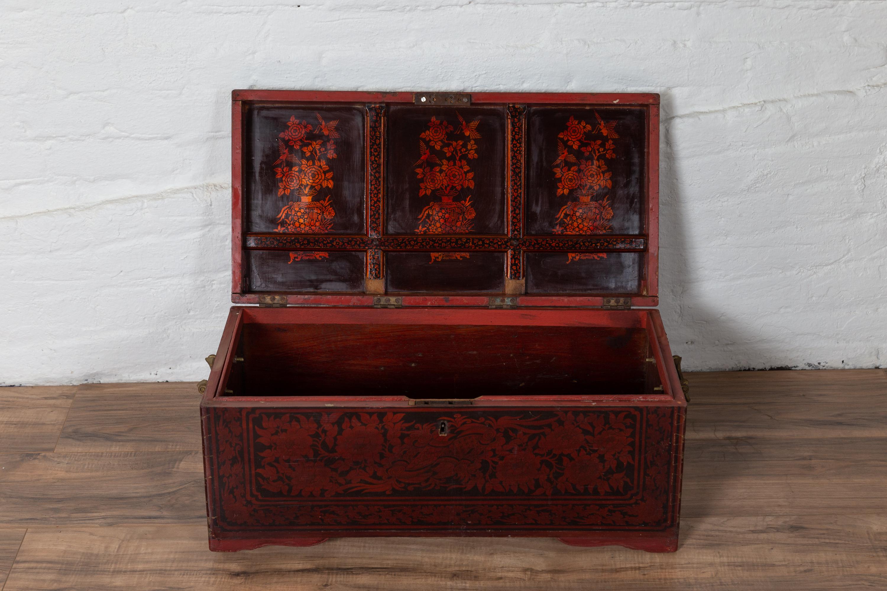 Vintage Lacquered Leather Chest with Burgundy Patina from Palembang, Sumatra 12