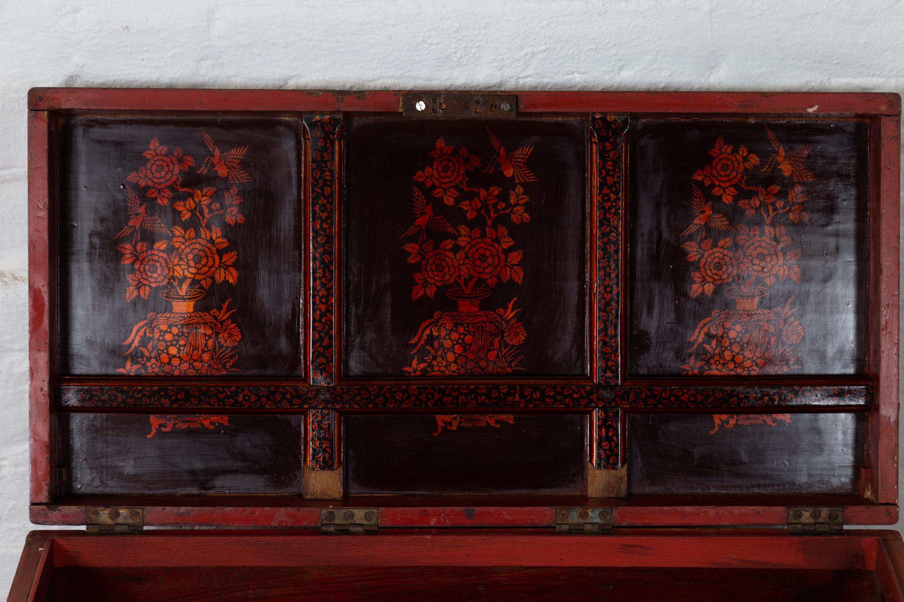 Vintage Lacquered Leather Chest with Burgundy Patina from Palembang, Sumatra 13