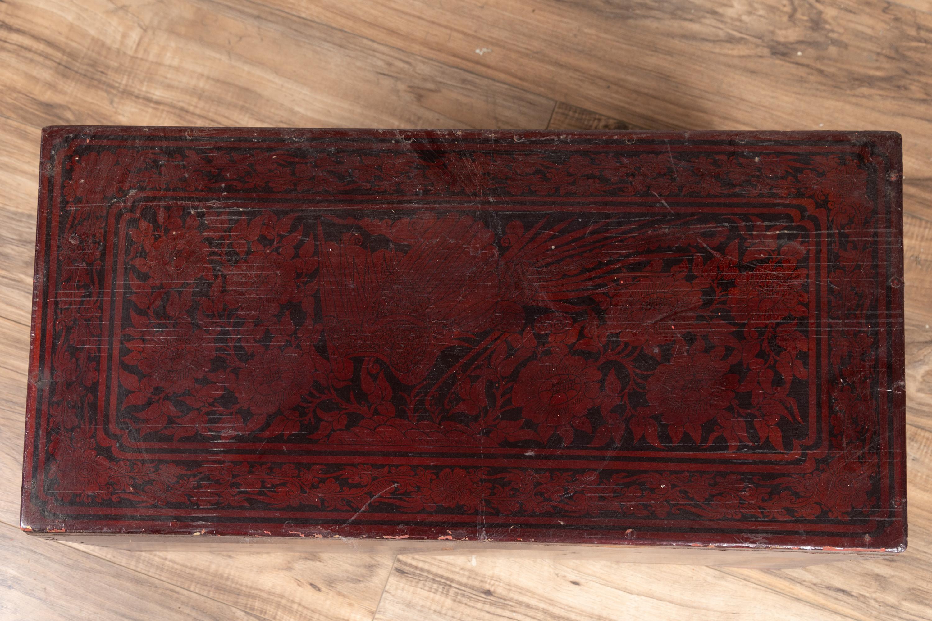 Indonesian Vintage Lacquered Leather Chest with Burgundy Patina from Palembang, Sumatra