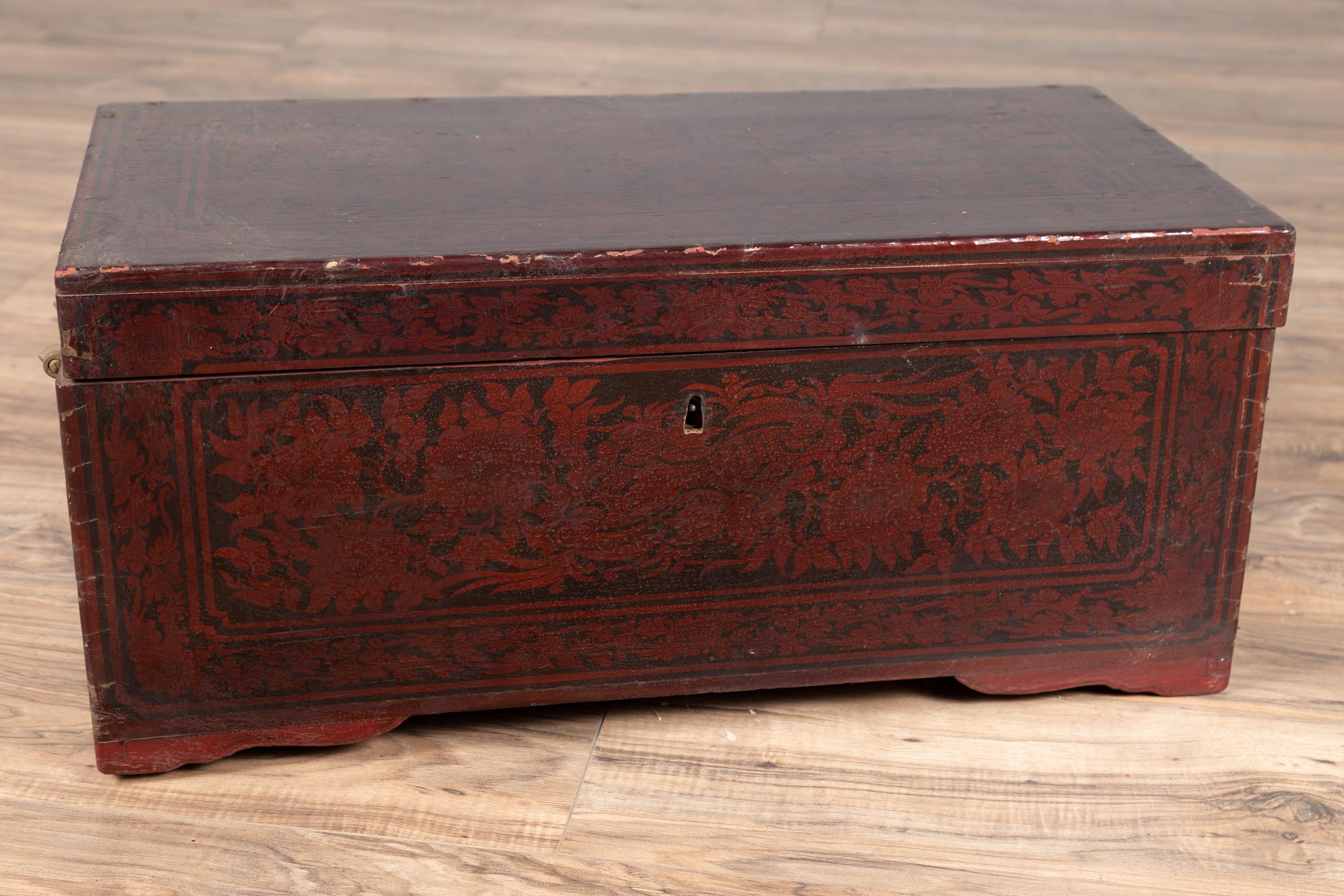 Vintage Lacquered Leather Chest with Burgundy Patina from Palembang, Sumatra In Good Condition In Yonkers, NY