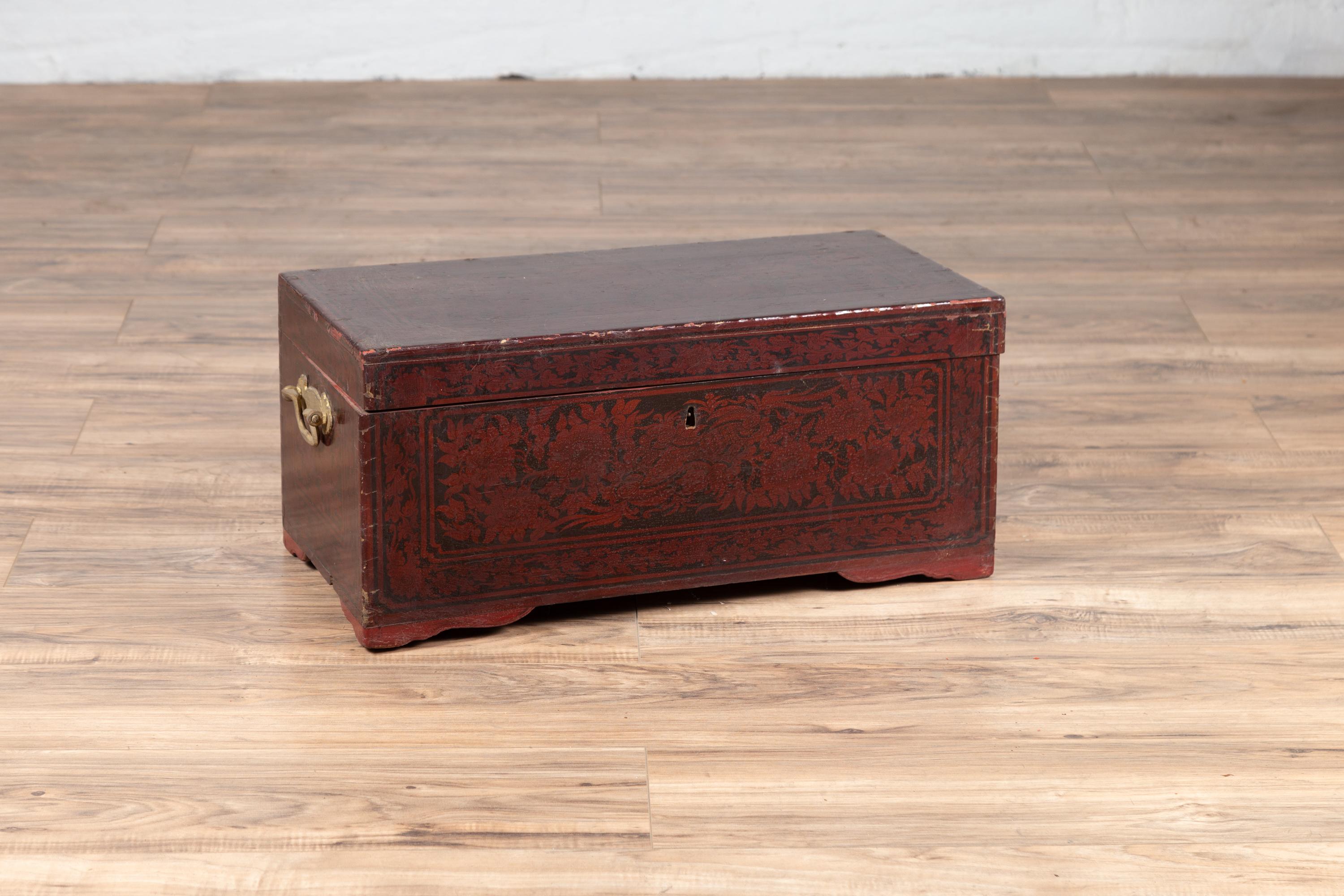 20th Century Vintage Lacquered Leather Chest with Burgundy Patina from Palembang, Sumatra