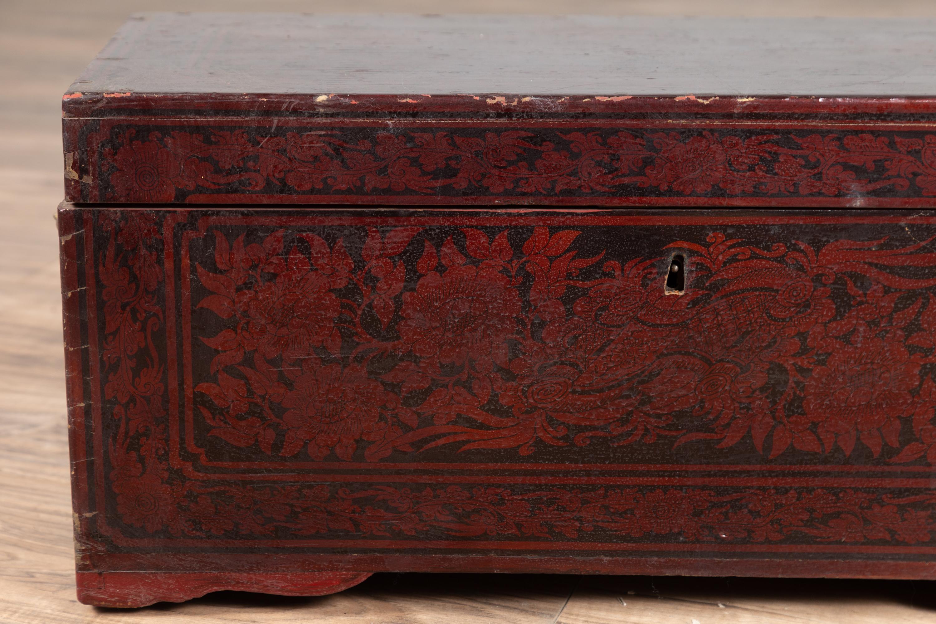 Vintage Lacquered Leather Chest with Burgundy Patina from Palembang, Sumatra 1