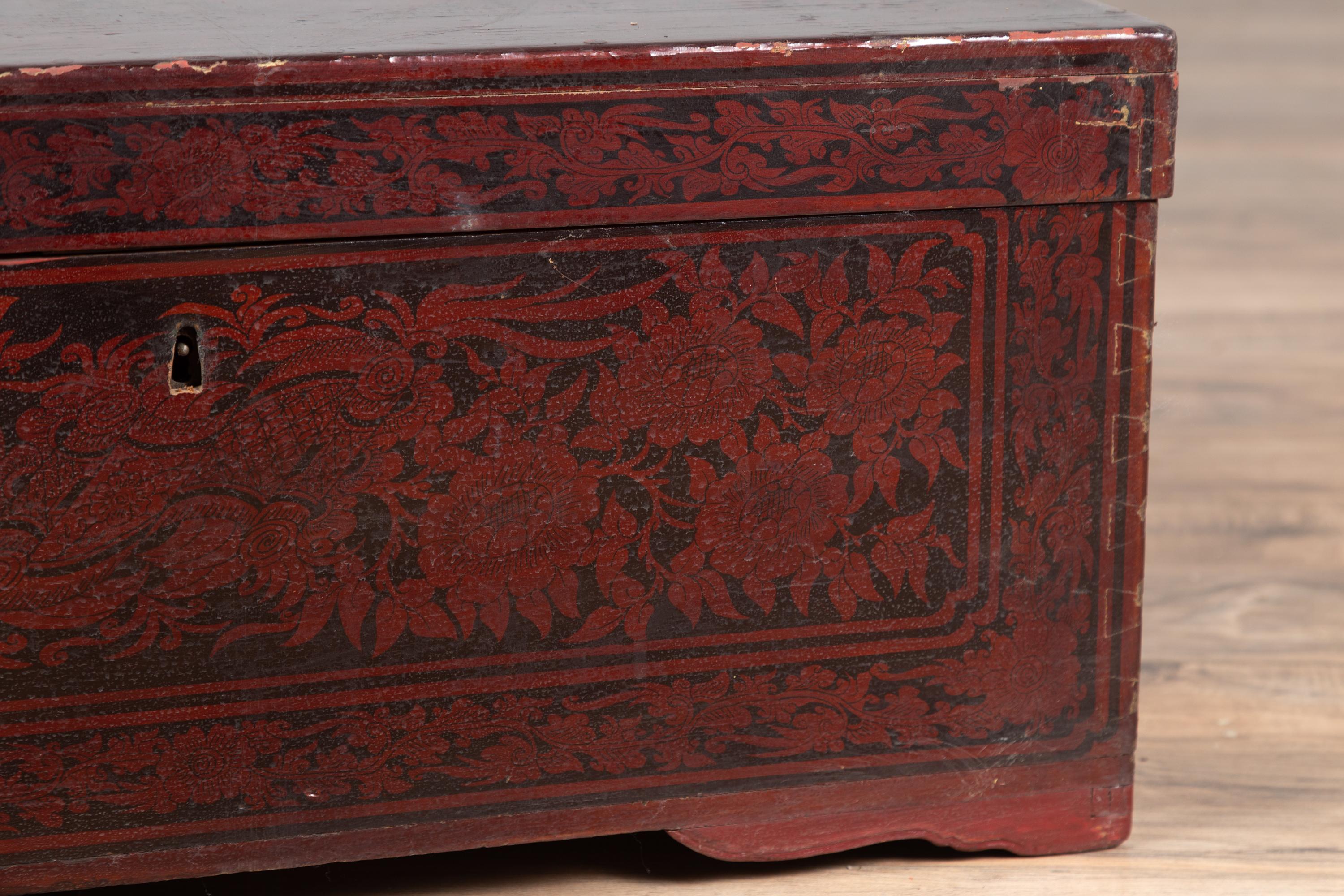 Vintage Lacquered Leather Chest with Burgundy Patina from Palembang, Sumatra 2