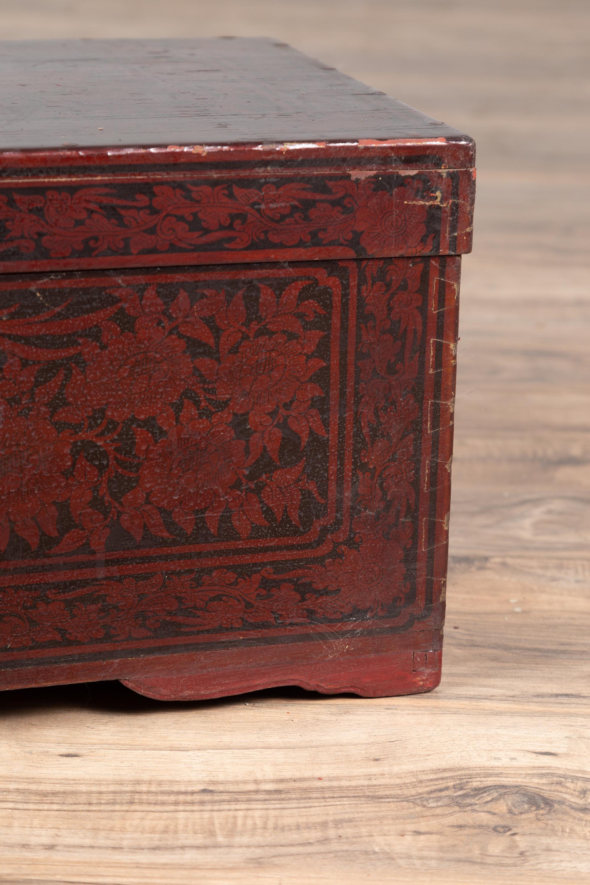 Vintage Lacquered Leather Chest with Burgundy Patina from Palembang, Sumatra 3