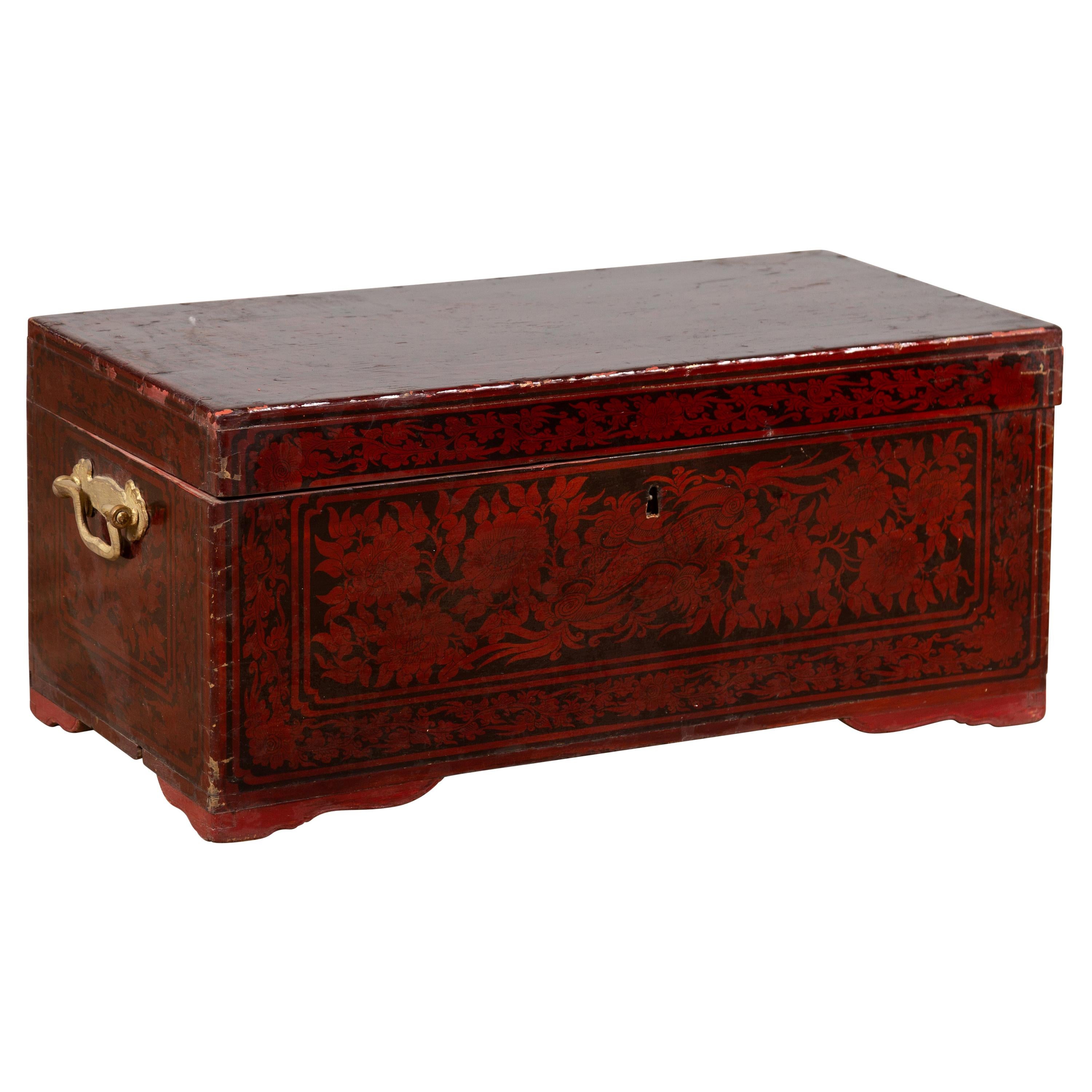 Vintage Lacquered Leather Chest with Burgundy Patina from Palembang, Sumatra