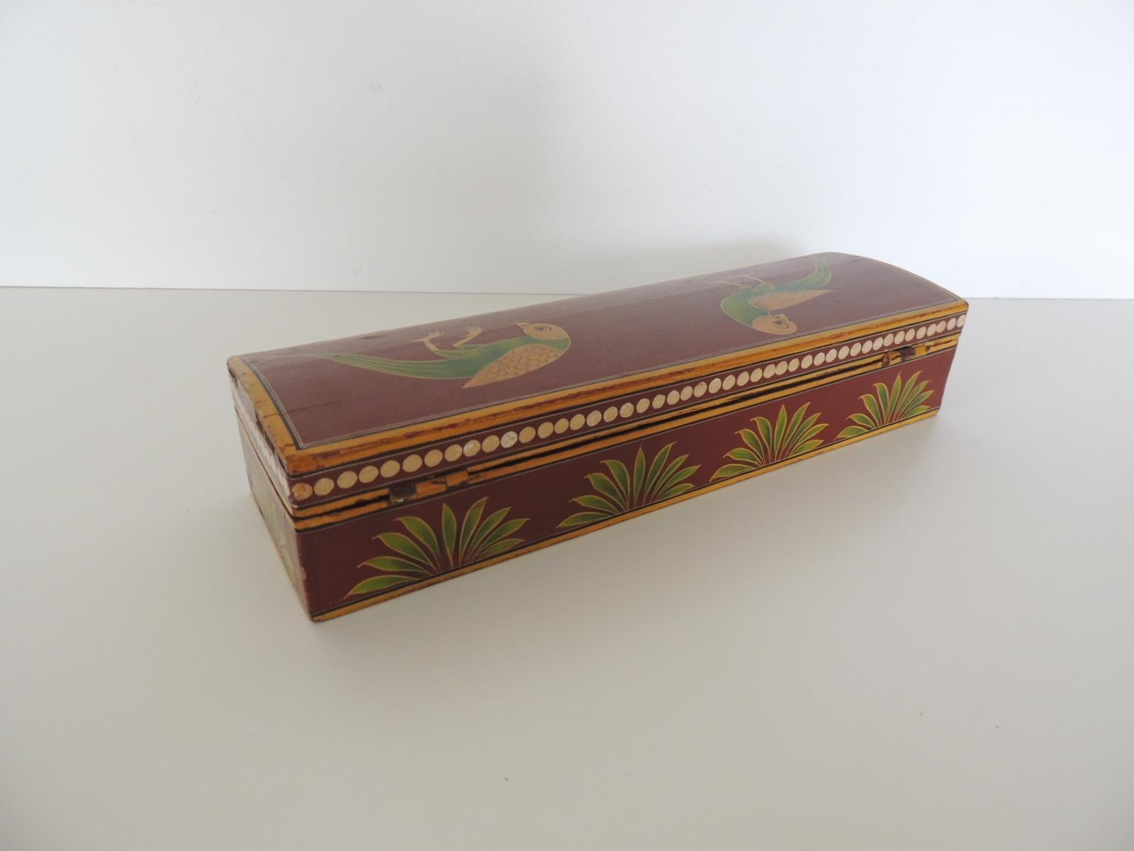 Moorish Vintage Lacquered Pen Box Depicting Birds and Palm Trees