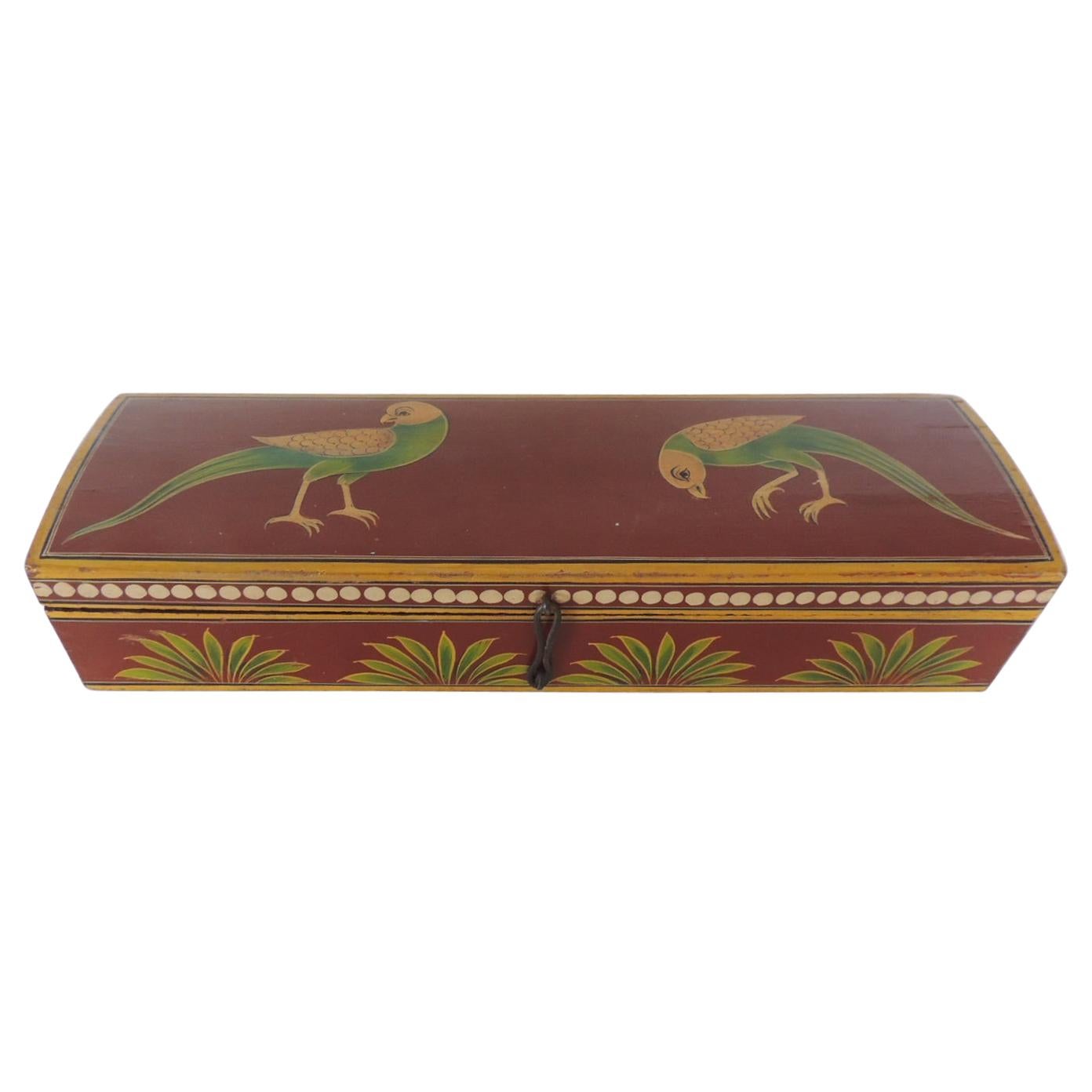 Vintage Lacquered Pen Box Depicting Birds and Palm Trees