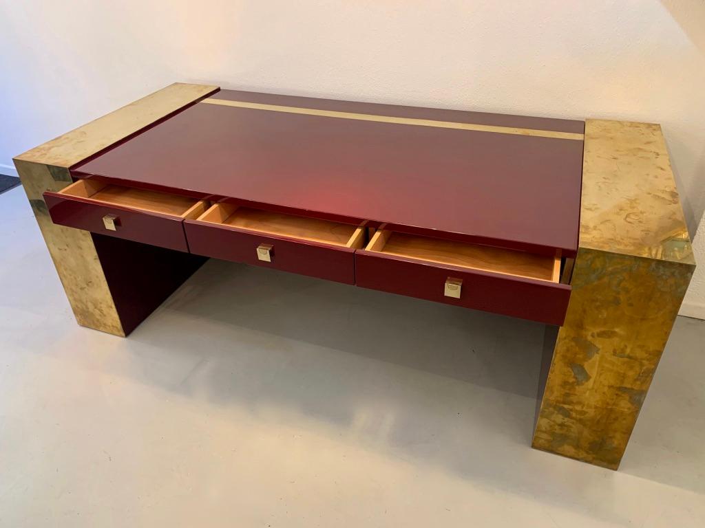Late 20th Century Vintage Lacquered Wood & Brass Desk by Jean Claude Mahey, France, ca. 1970s