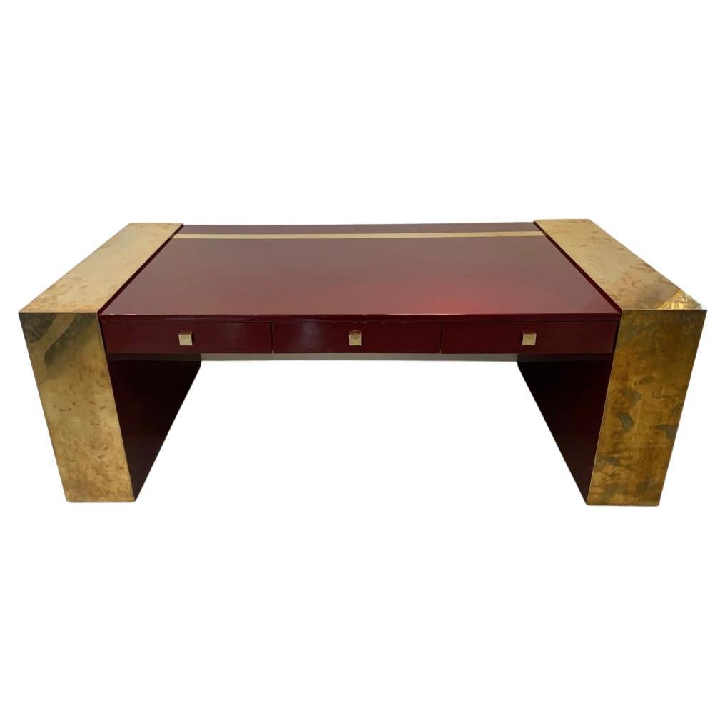 Vintage Lacquered Wood & Brass Desk by Jean Claude Mahey, France, ca. 1970s