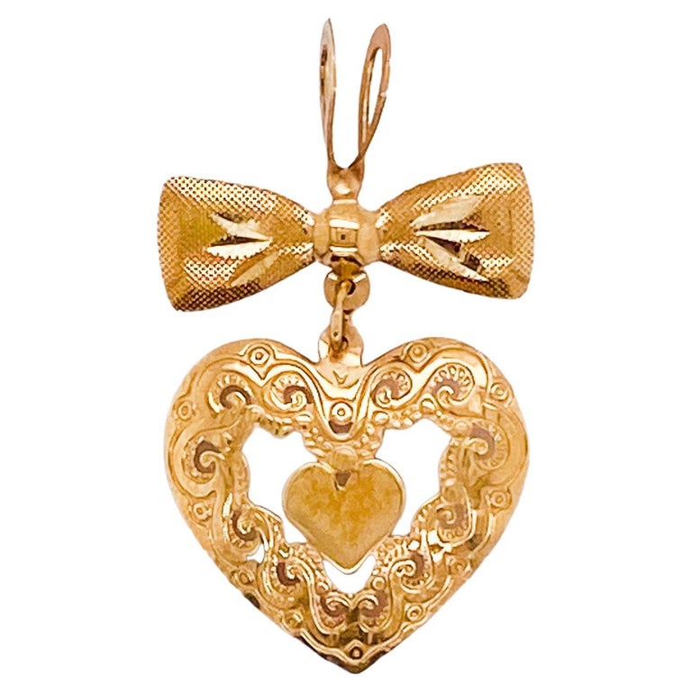 Vintage Lacy Heart and Bow Dangle Pendant Charm in 14k Yellow Gold For