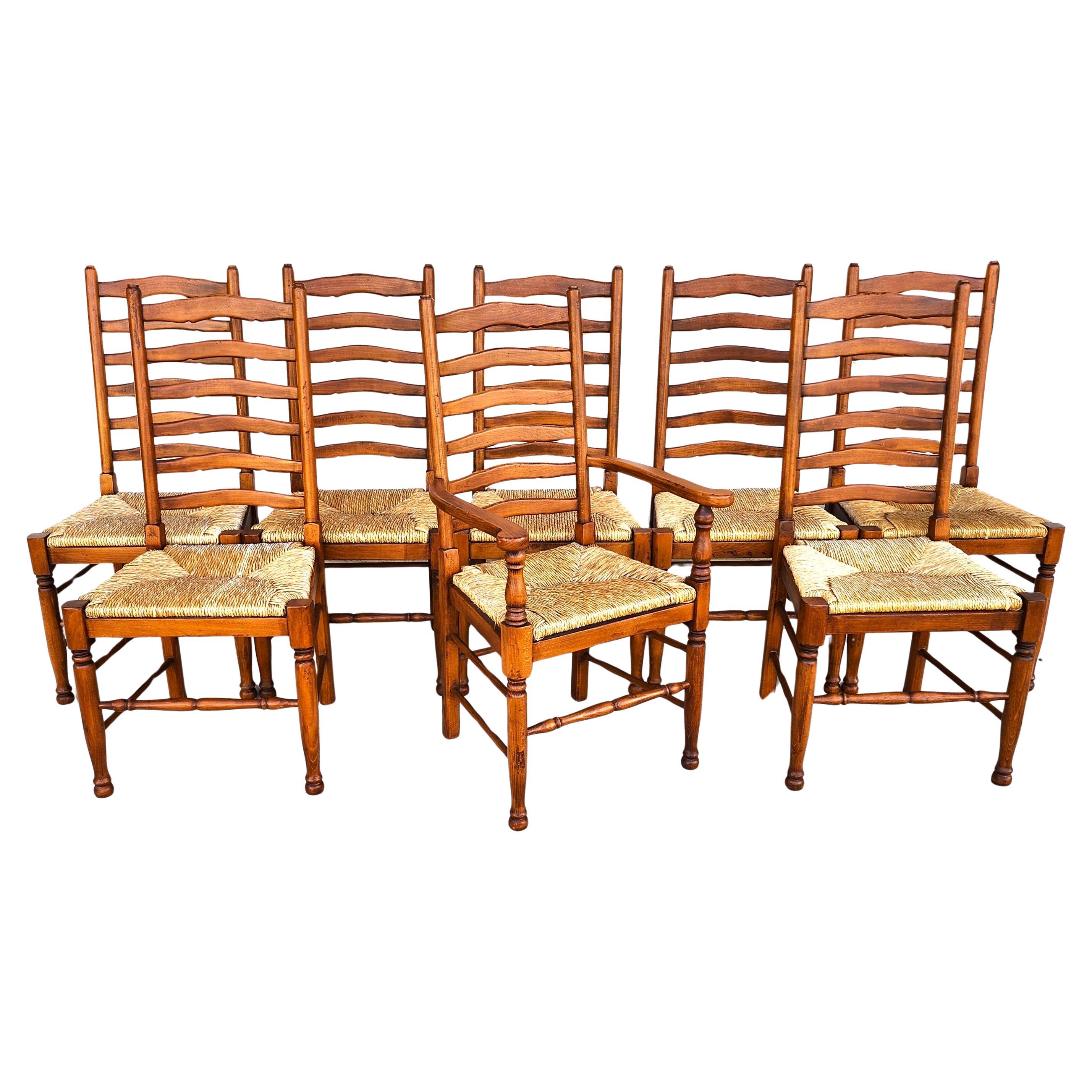 Vintage Ladder Back Rush Seat Dining Chairs Set of 8 For Sale