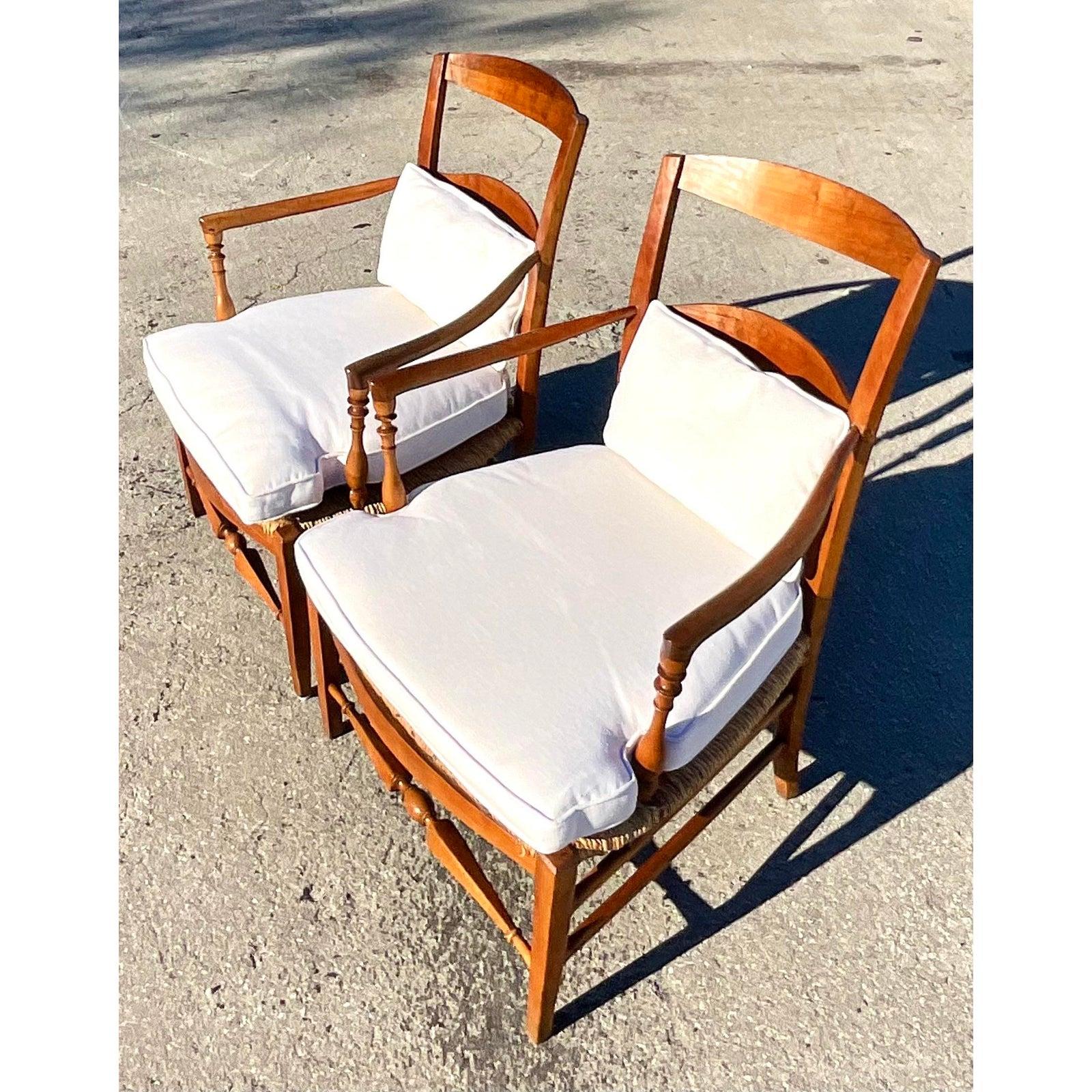 North American Vintage Ladder Back Rush Seat Lounge Chairs, a Pair