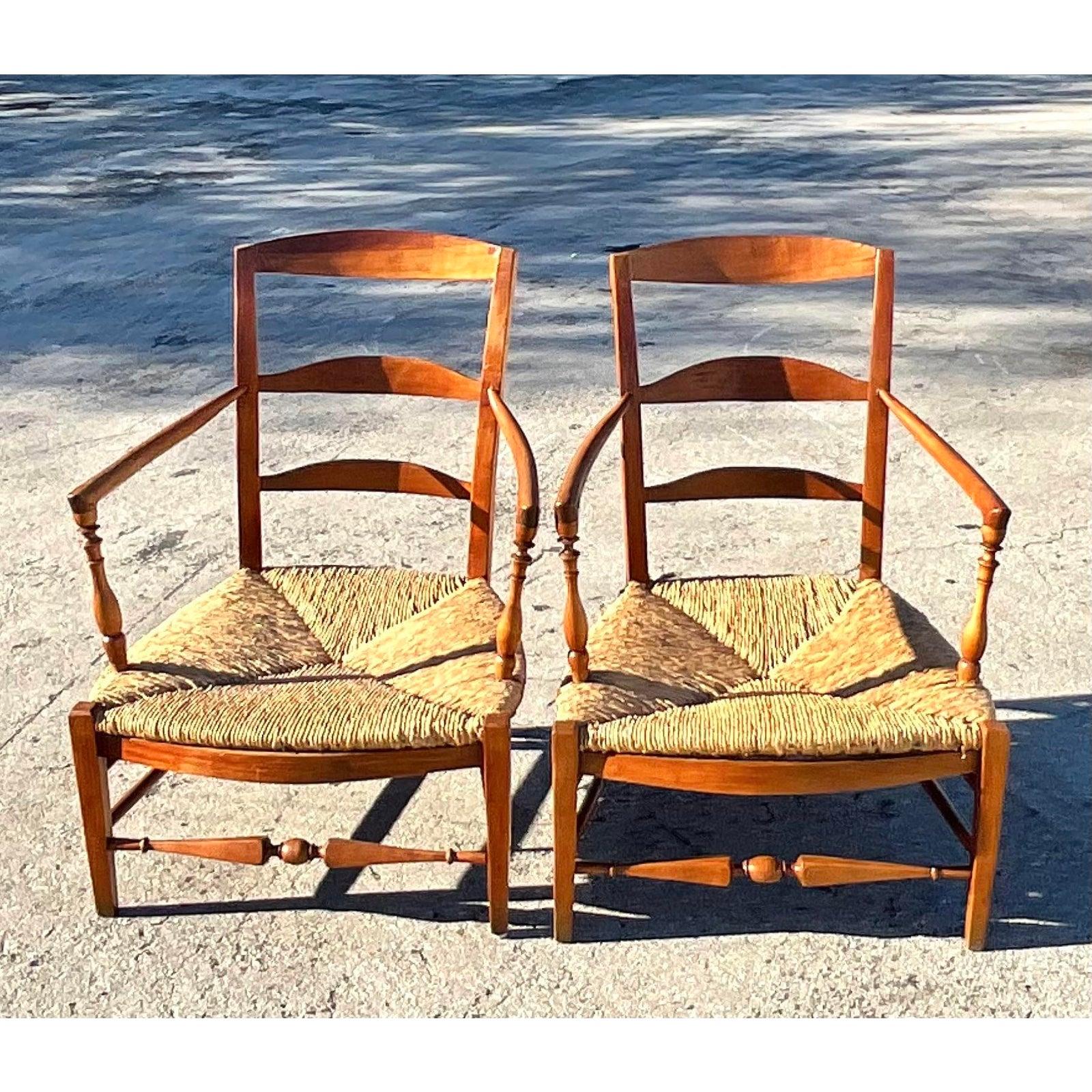 Vintage Ladder Back Rush Seat Lounge Chairs, a Pair In Good Condition In west palm beach, FL