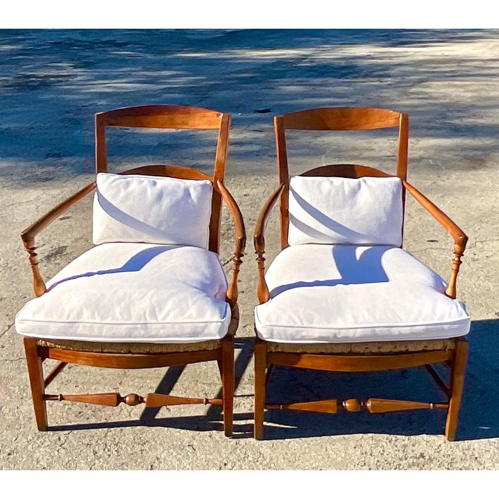 20th Century Vintage Ladder Back Rush Seat Lounge Chairs, a Pair