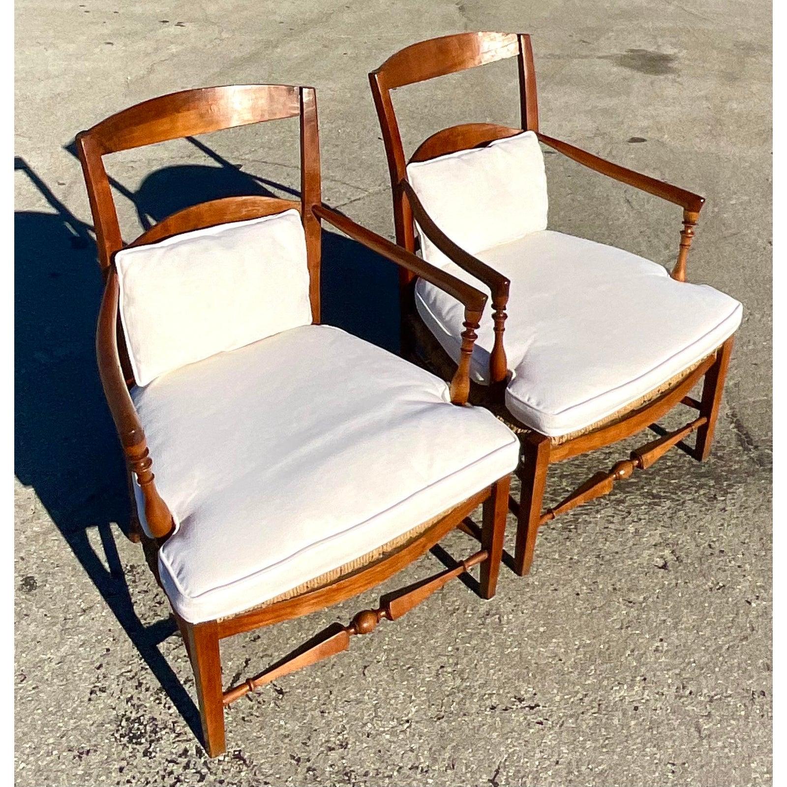 Cotton Vintage Ladder Back Rush Seat Lounge Chairs, a Pair