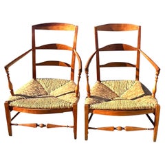Antique Ladder Back Rush Seat Lounge Chairs, a Pair