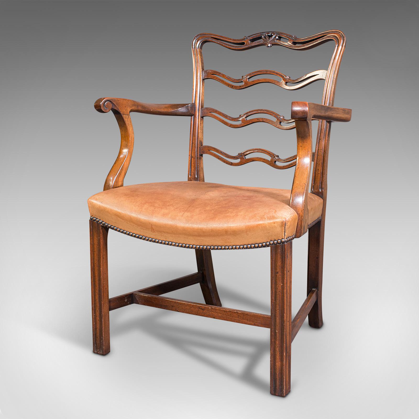 Britannique Chaise d'étude vintage à dossier en échelle, irlandaise, cuir, assise arquée, sculpteur, Art Déco en vente