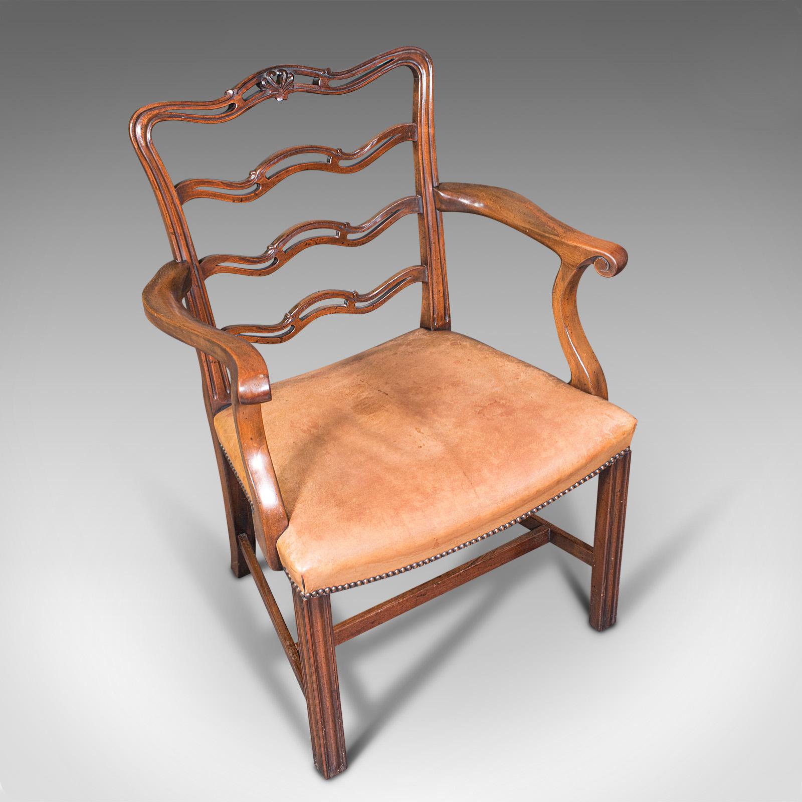 Wood Vintage Ladder Back Study Chair, Irish, Leather, Elbow Seat, Carver, Art Deco For Sale