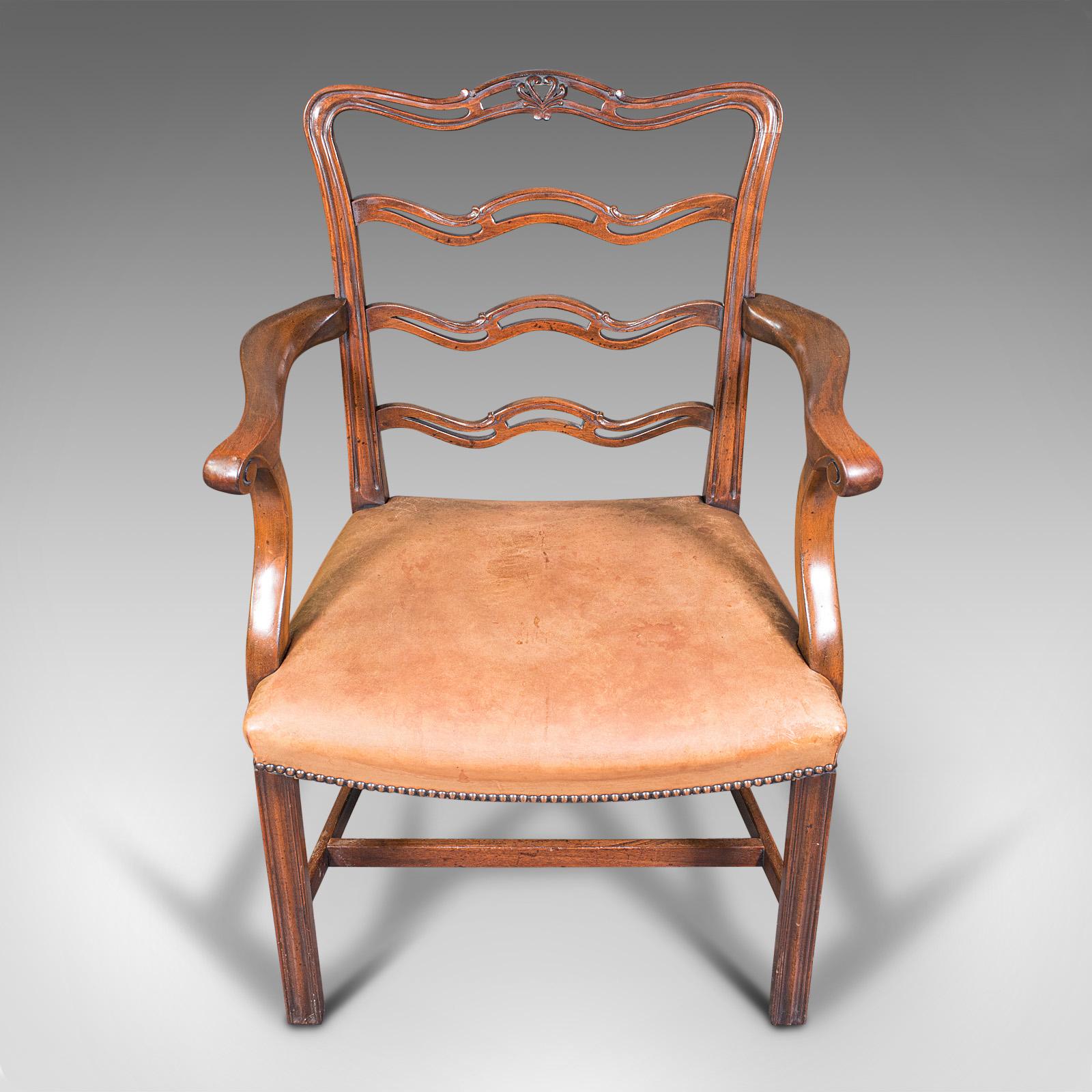 Vintage Ladder Back Study Chair, Irish, Leather, Elbow Seat, Carver, Art Deco For Sale 1