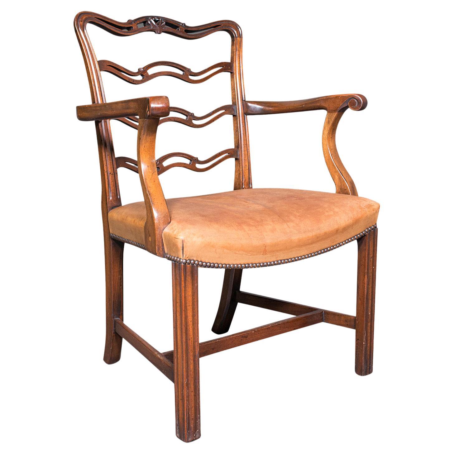 Vintage Ladder Back Study Chair, Irish, Leather, Elbow Seat, Carver, Art Deco For Sale